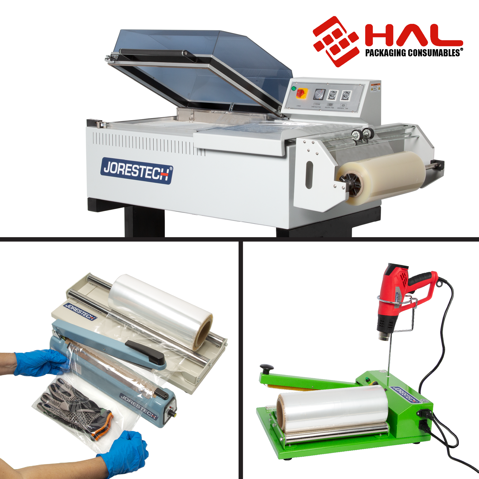 Shrink Packaging roll displayed on several different machines for different applications. 3 sections show: The shrink roll placed on a chamber-type shrink wrapper. Shrink roll used on a shrink film dispenser with a manual impulse sealer, and shrink roll placed on a shrink packaging station with an incorporated bag sealer and a heat gun for shrink wrapping