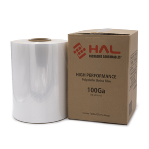 100 Gauge Shrink film roll over a white background photographed next to a brown box. The box shows the HAL brand logo and reads 