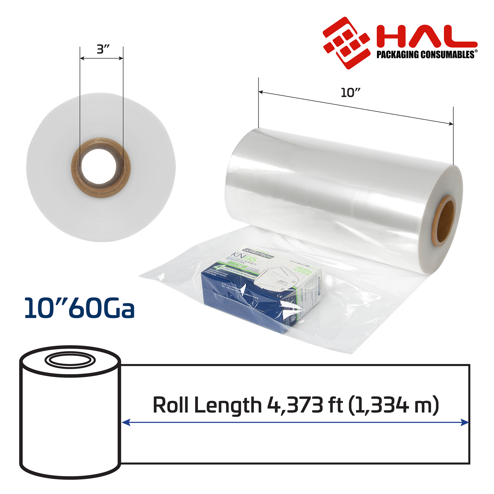 Measurements of the 60 gauge shrink wrapping film tube. 3 inch diameter of the inner core, and 10 inch width with a 4,373 ft. length.