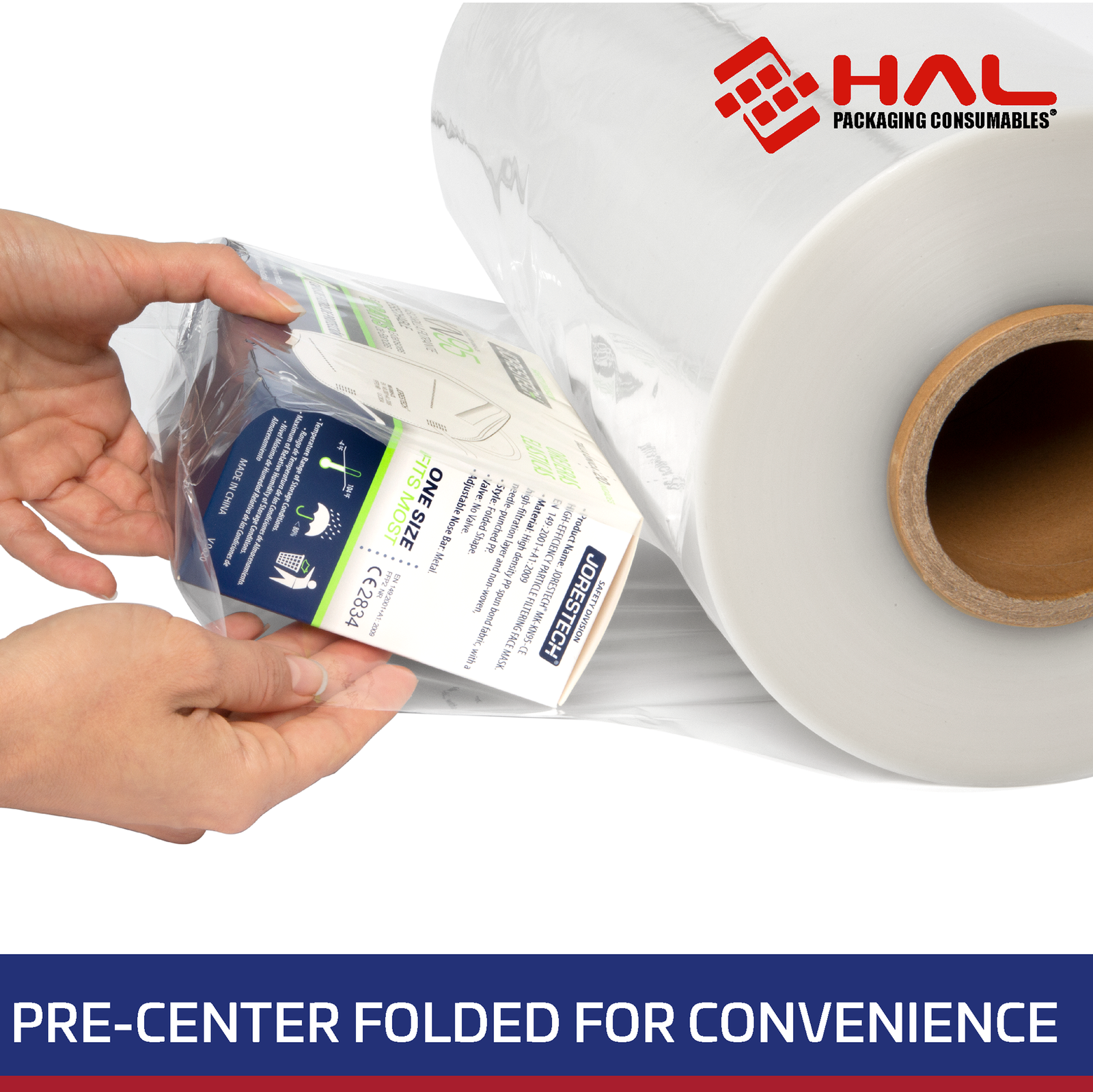Roll of clear 60 gauge shrink packaging film laying on its side. A person is putting a box inside the film to shrink wrap it. Blue and white text on the bottom reads Pre Center Folded for Convenience.
