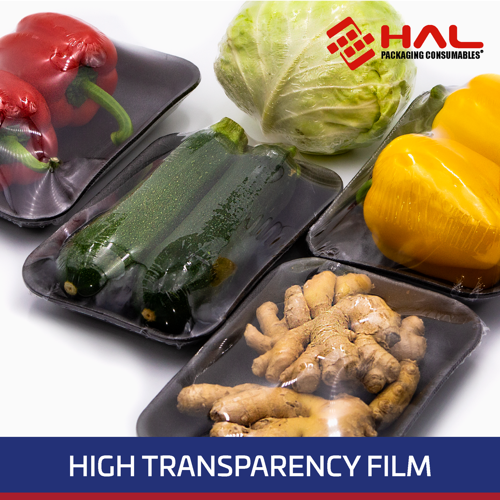Several food items shrink packaged for protection. Blue and white text on the bottom says High transparency film