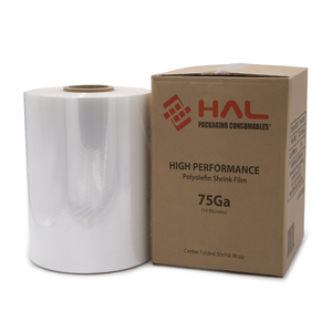Shrink film roll over a white background photographed next to a brown box. The box shows the HAL brand logo and reads 
