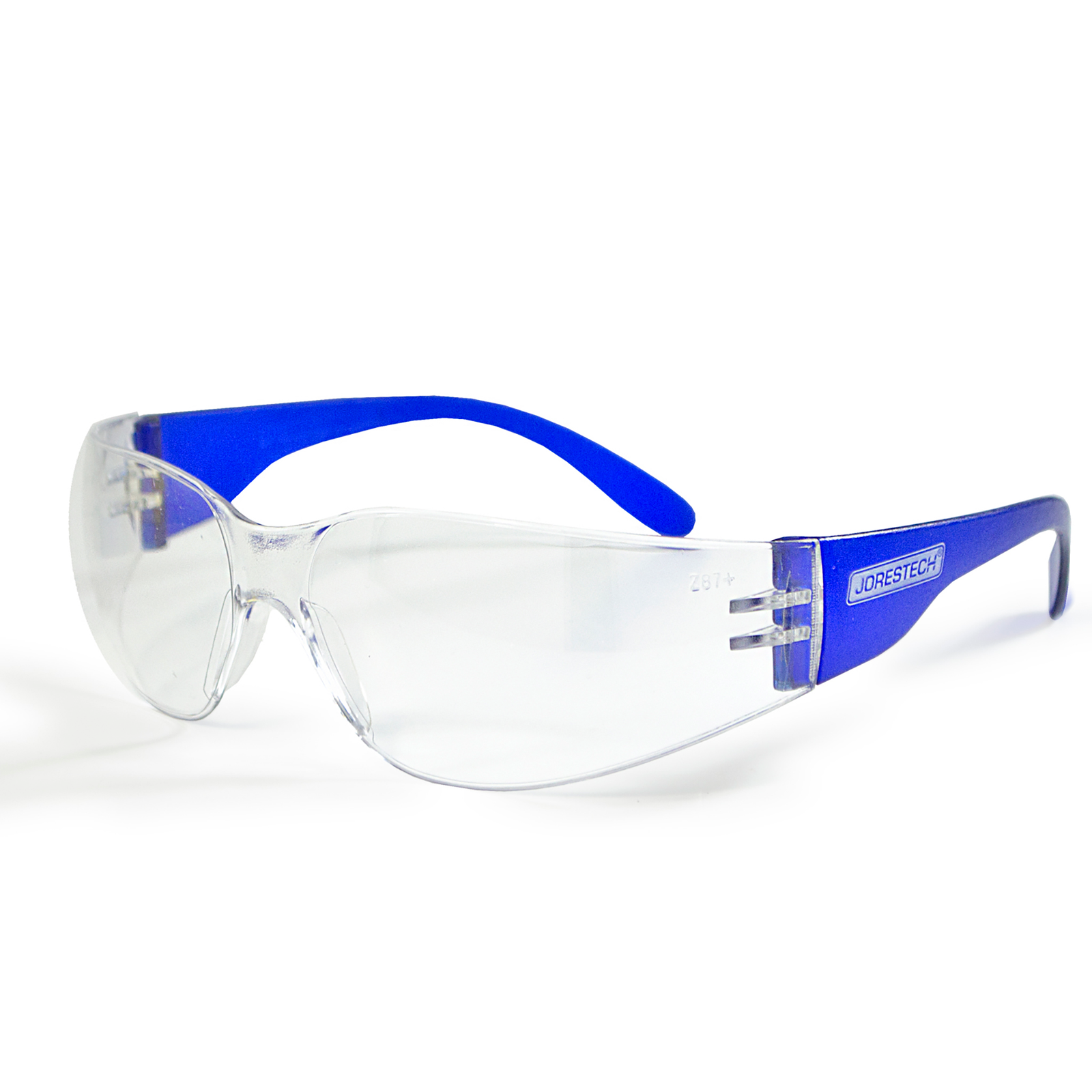 Features one JORESTECH high impact glass with clear polycarbonate lenses and blue temples over white background.