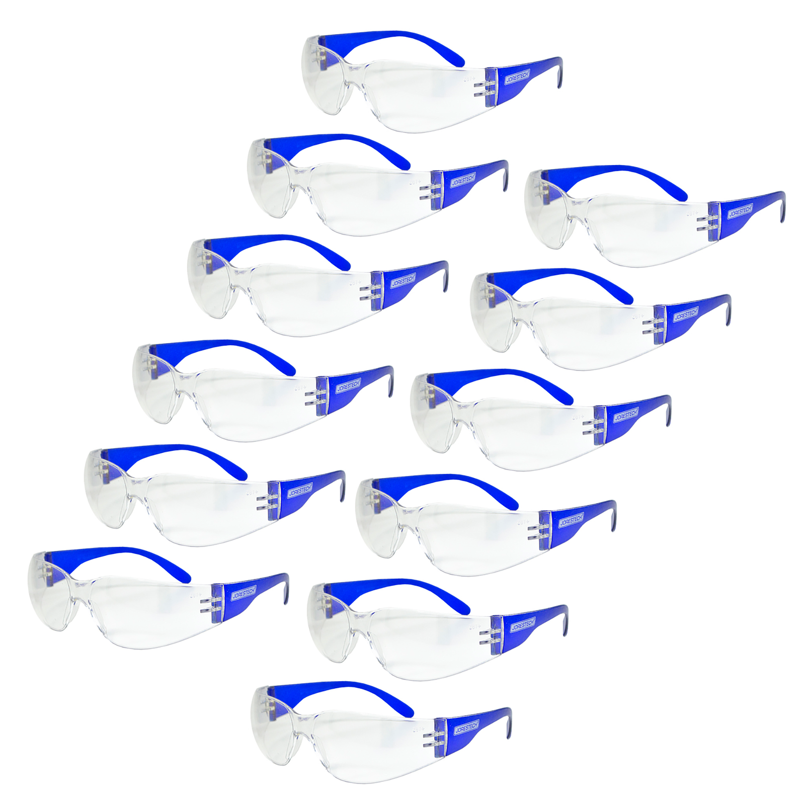 12 clear lens and blue temple  JORESTECH ANSI compliant safety glasses for high impact protection over white background