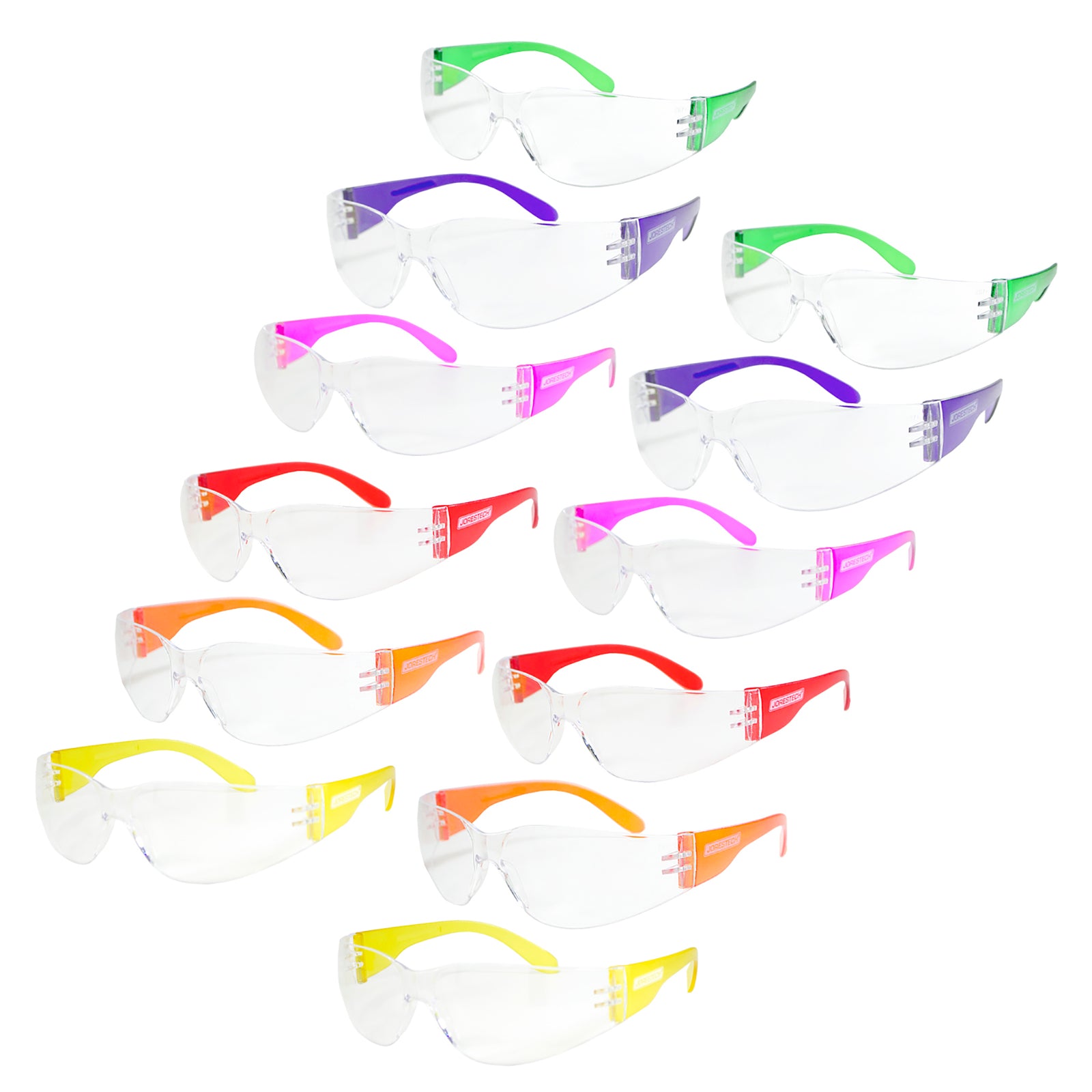 12 glasses with clear lens and multi color temple  JORESTECH Safety High Impact Glasses over white background. There are 2 ANSI compliant lenses of these colors: yellow, orange, red, pink, purple and green. 
