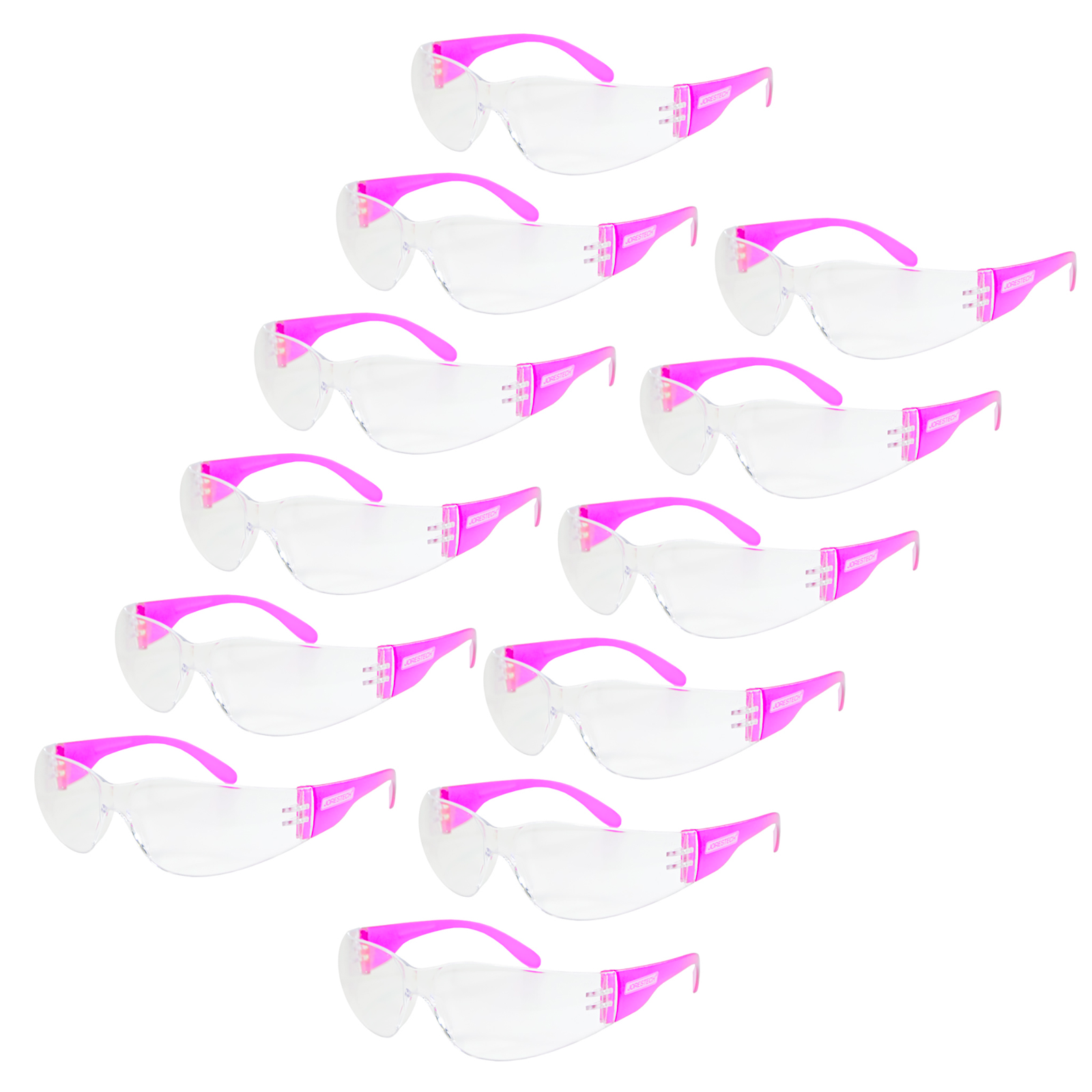 Shows 12 pairs of JORESTECH clear safety glasses with pink side shield for high impact protection. These ANSI compliant safety glasses have polycarbonate lenses. 