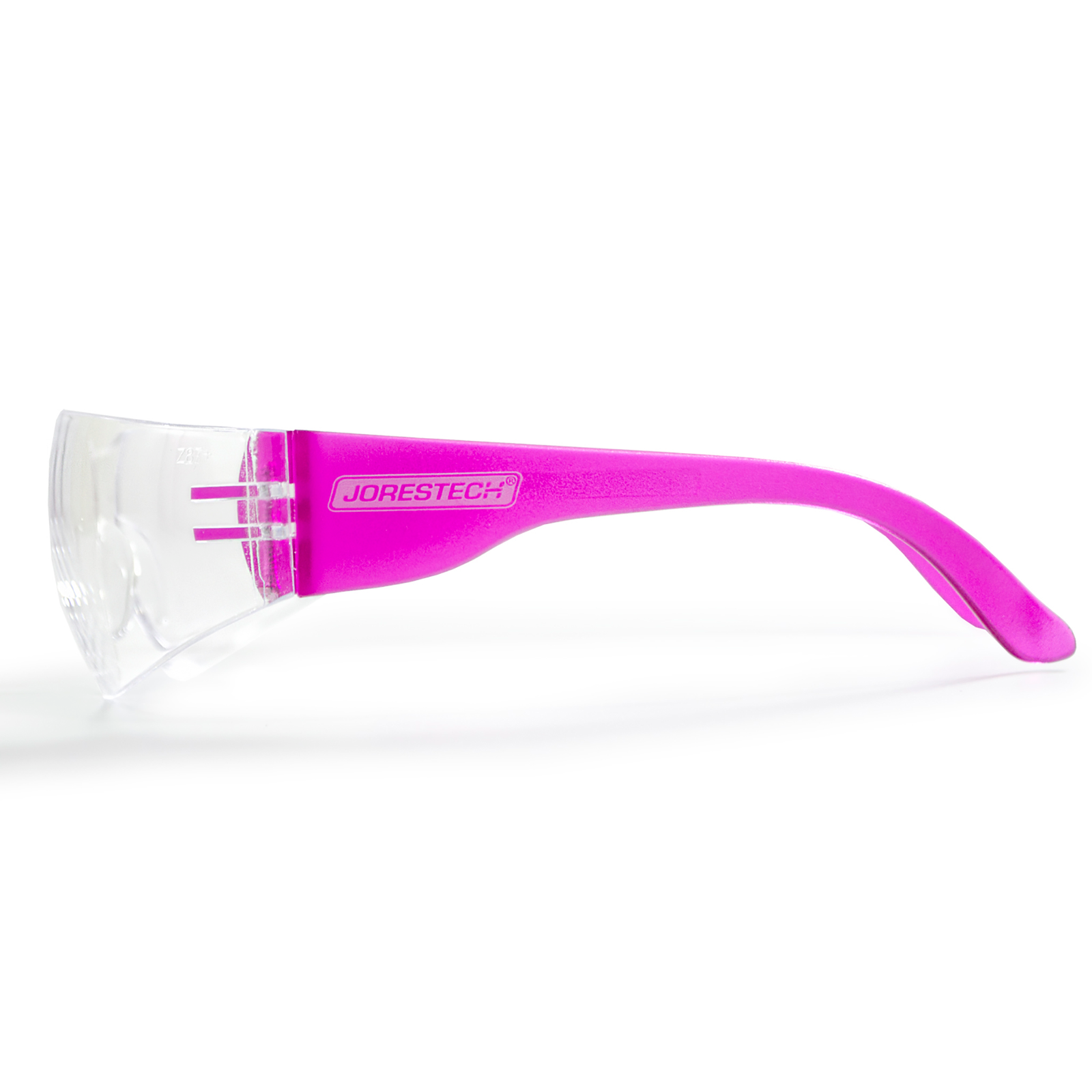 Clear safety glasses for high impact protection with pink colored temples