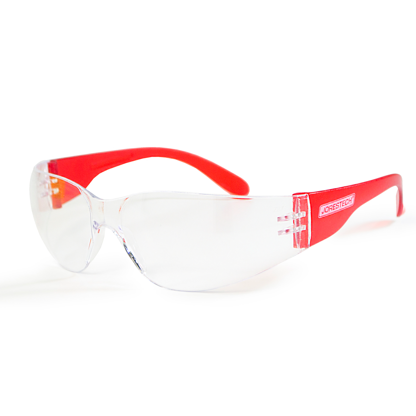 Features one JORESTECH high impact glass with clear lenses and red temples over white background
