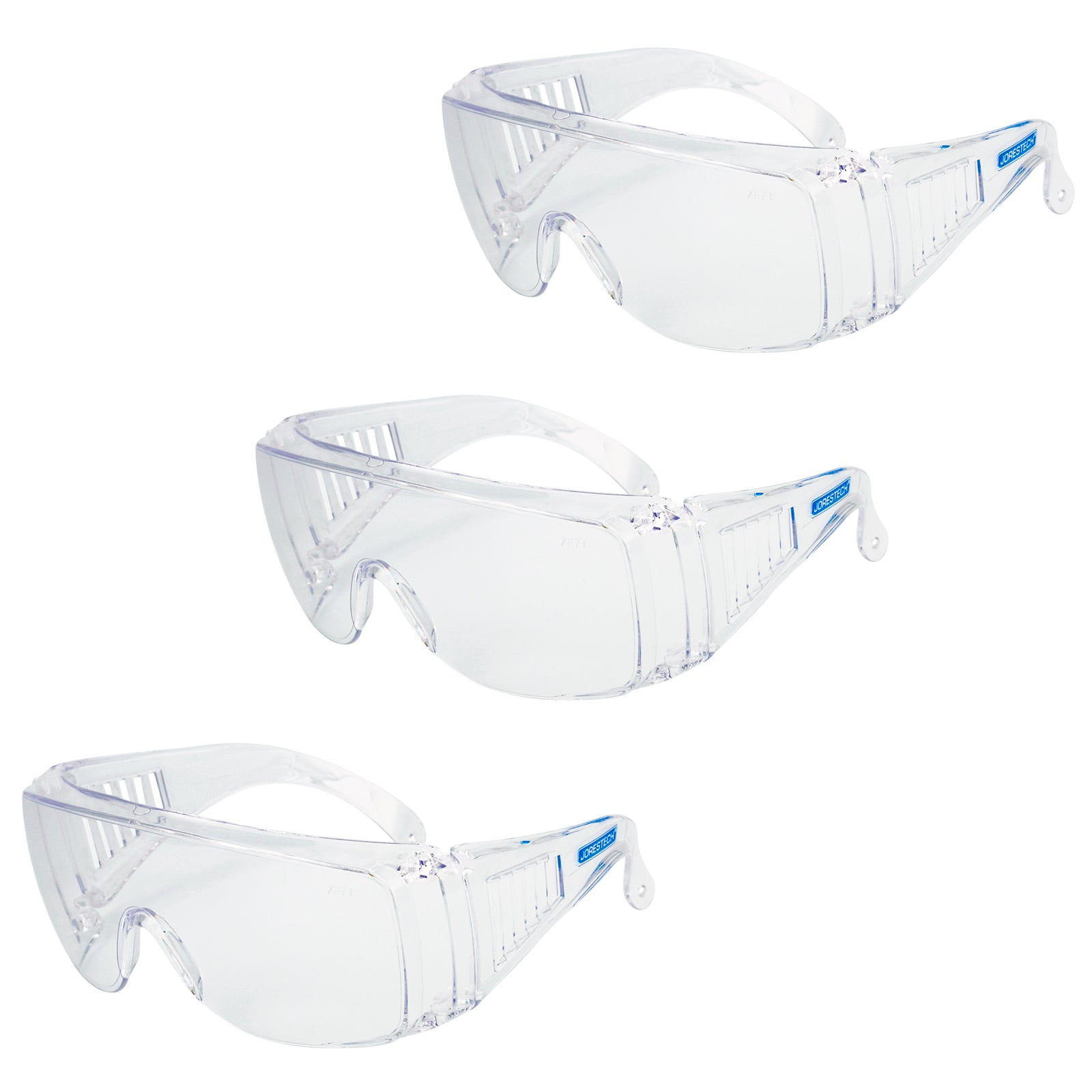 Pack of 3 clear Jorestech safety over-glasses for high impact protection on a white background