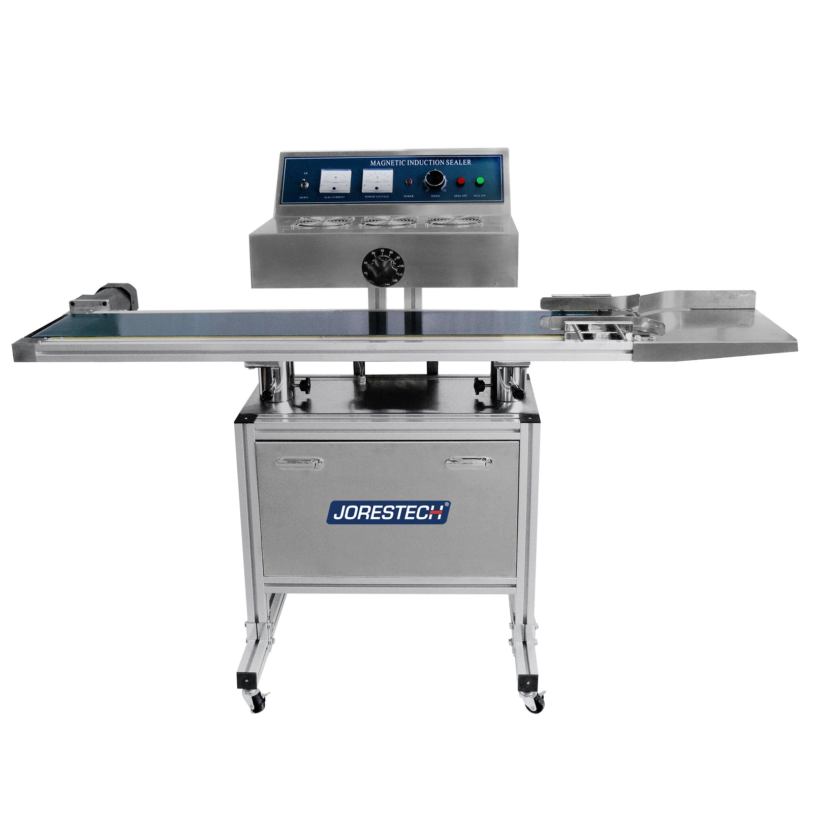 Self standing continuous induction cap sealer with conveyor