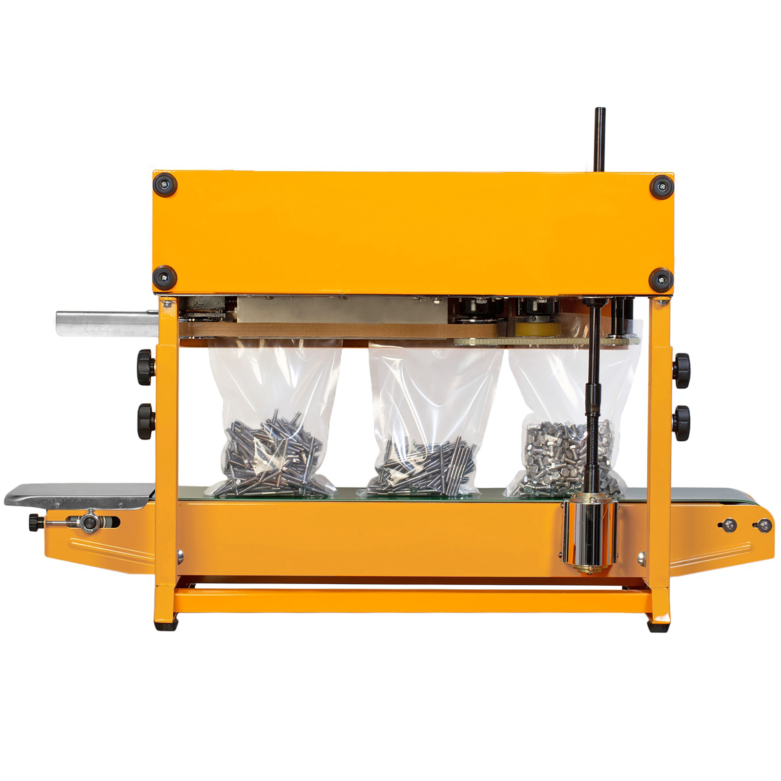 back view of the yellow continuous band sealer with green band sealing bags filled with nails and screws 