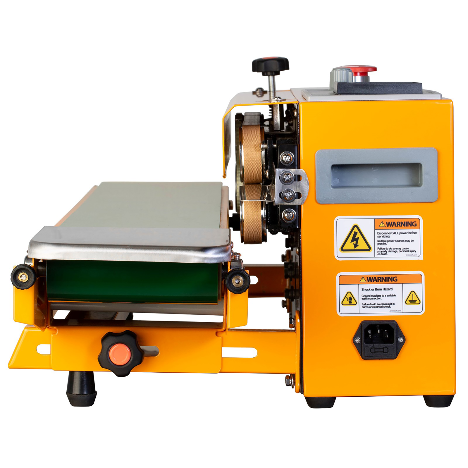 side view of the yellow JORESTECH continuous band sealing machine with green revolving band. Machine is set for horizontal sealing applications