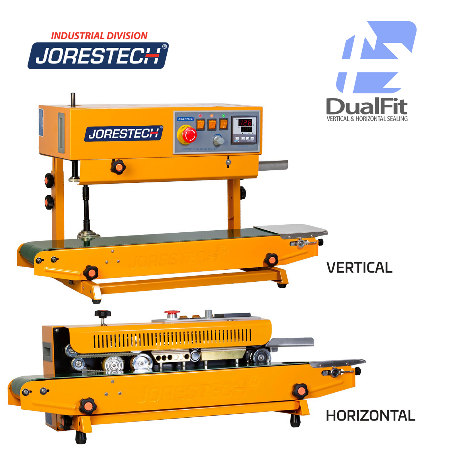 vertical and horizontal positioning of the yellow paint coated JORES TECHNOLOGIES® continuous band sealer machine. Logo dual fit with arrows is beside the 2 bag sealers to show this JORES TECHNOLOGIES® bang sealer can be used for vertical and for horizontal applications.
