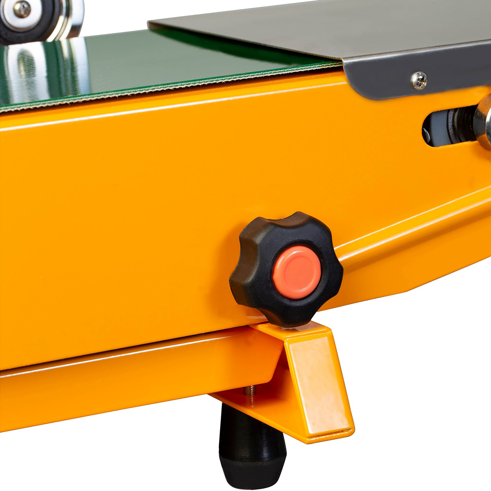 leg of yellow sealing machine with black knobs to adjust position of the  band of the JORESTECH bag sealer
