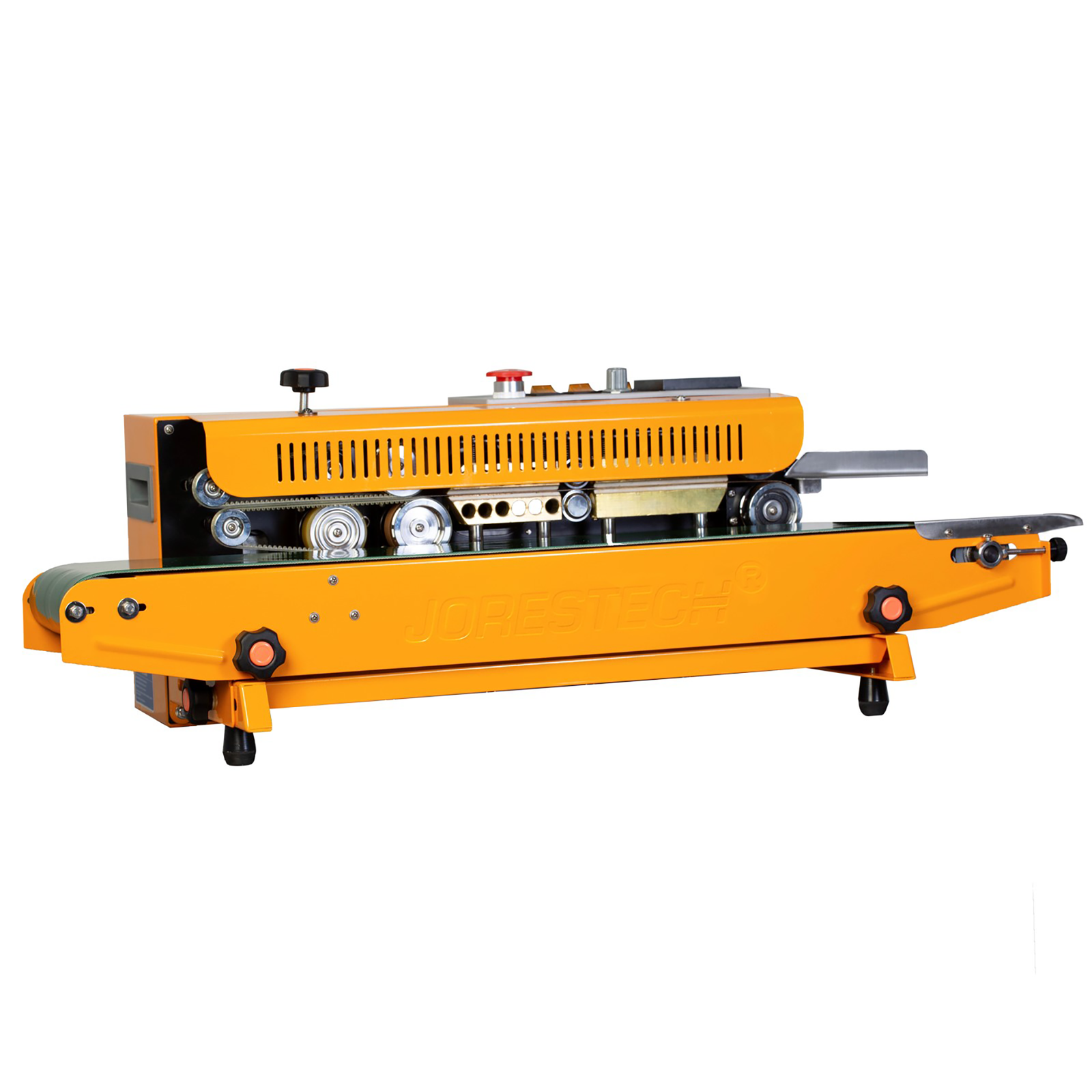 Front view of the JORESTECH horizontal continuous band sealer. The machine is yellow over white background