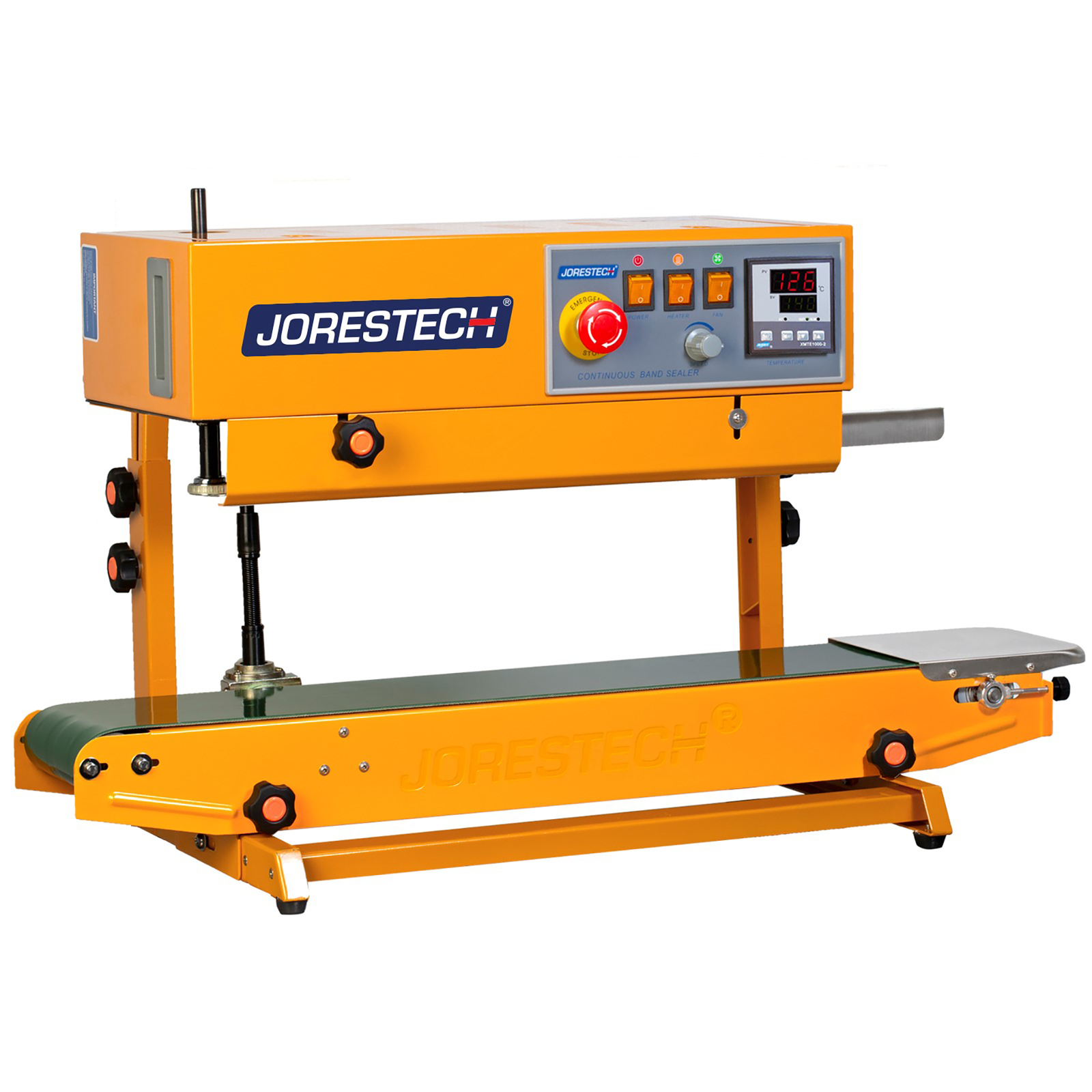 Yellow JORES TECHNOLOGIES®  horizontal and vertical  continuous band sealer with digital temperature control panel