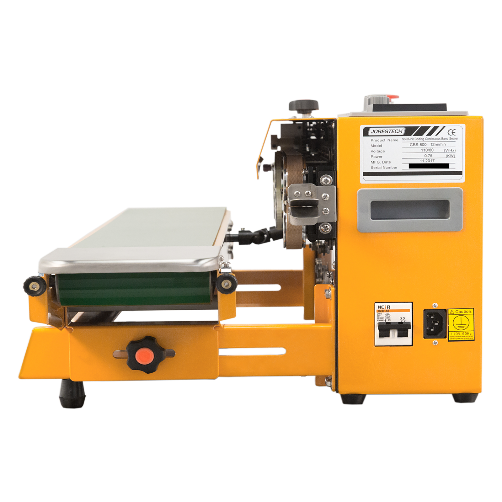 JORES TECHNOLOGIES® continuous band sealer set for horizontal applications. Detail of the heating element, the adjustable green conveyor belt and the track to position the sealable bag