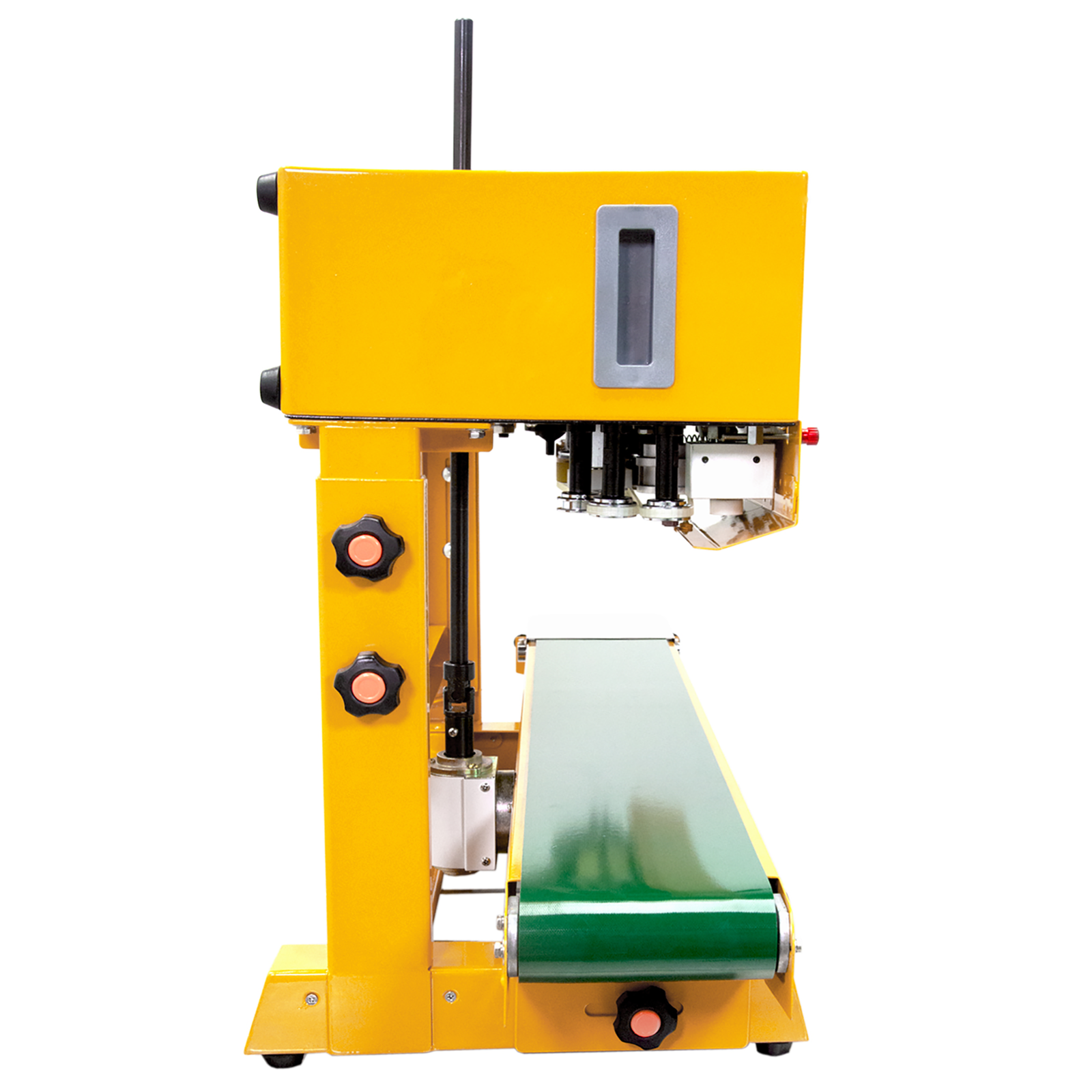 side view of the JORES TECHNOLOGIES® continuous band sealer with green conveyor belt over white background. Bag sealer is set in a vertical position