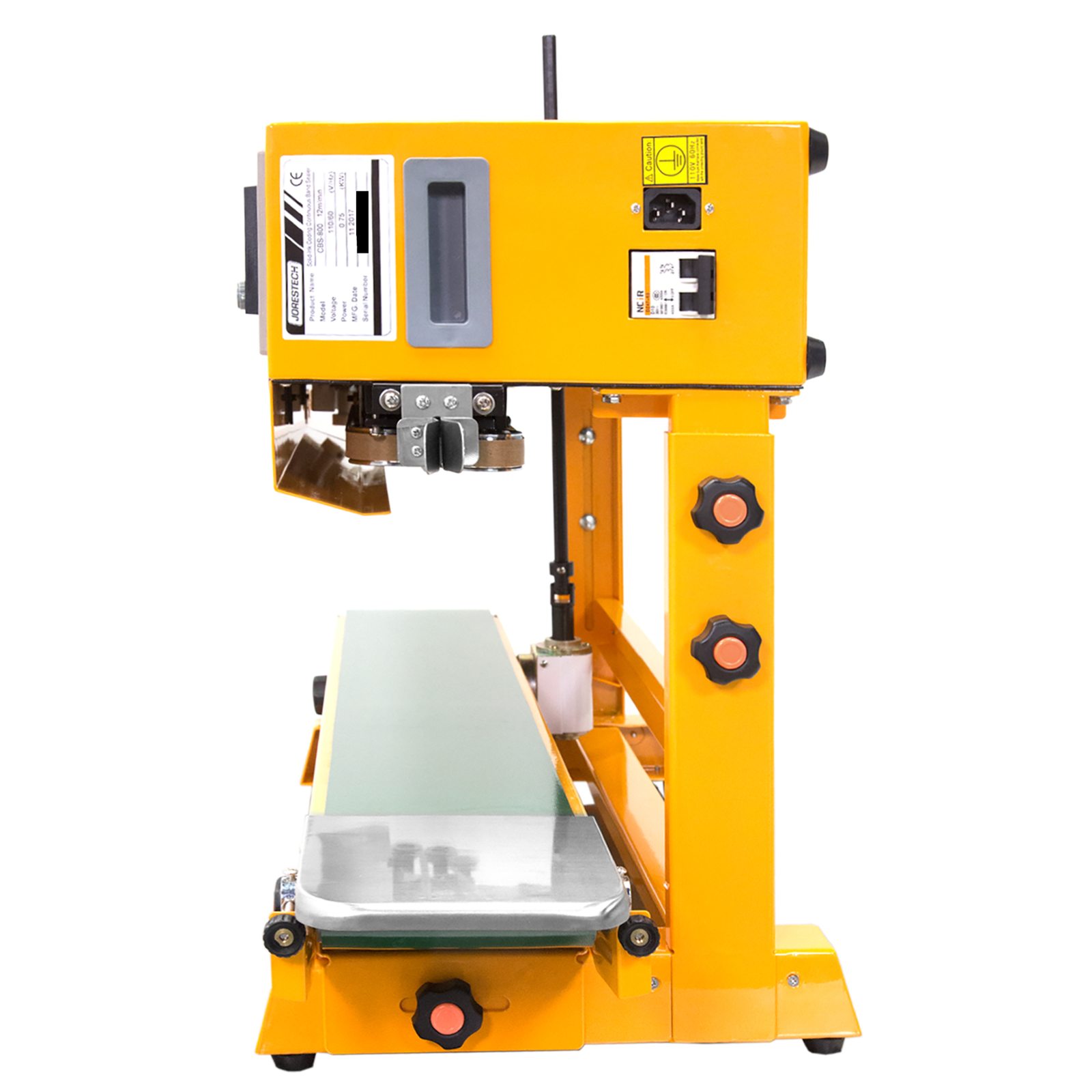 JORES TECHNOLOGIES® continuous band sealer with green conveyor belt and stainless steel base. Also the entry track to place sealable bags in a vertical position is shown