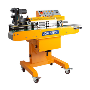 Self standing horizontal yellow JORES TECHNOLOGIES® continuous band sealer with hot stamp coder and heavy duty wheels integrated
