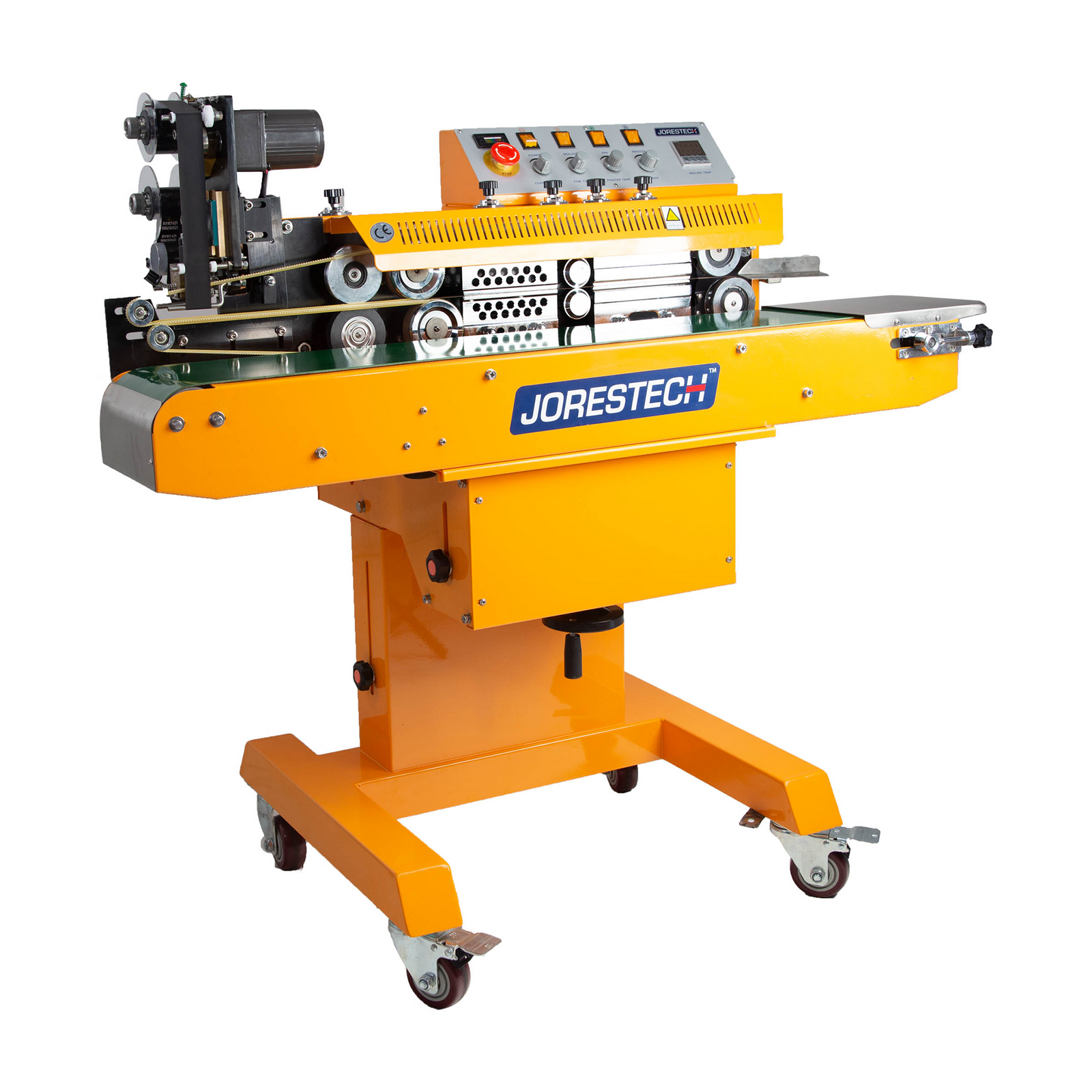 Diagonal view of the self standing horizontal yellow JORESTECH continuous band sealer with hot stamp coder and heavy duty wheels integrated over white background