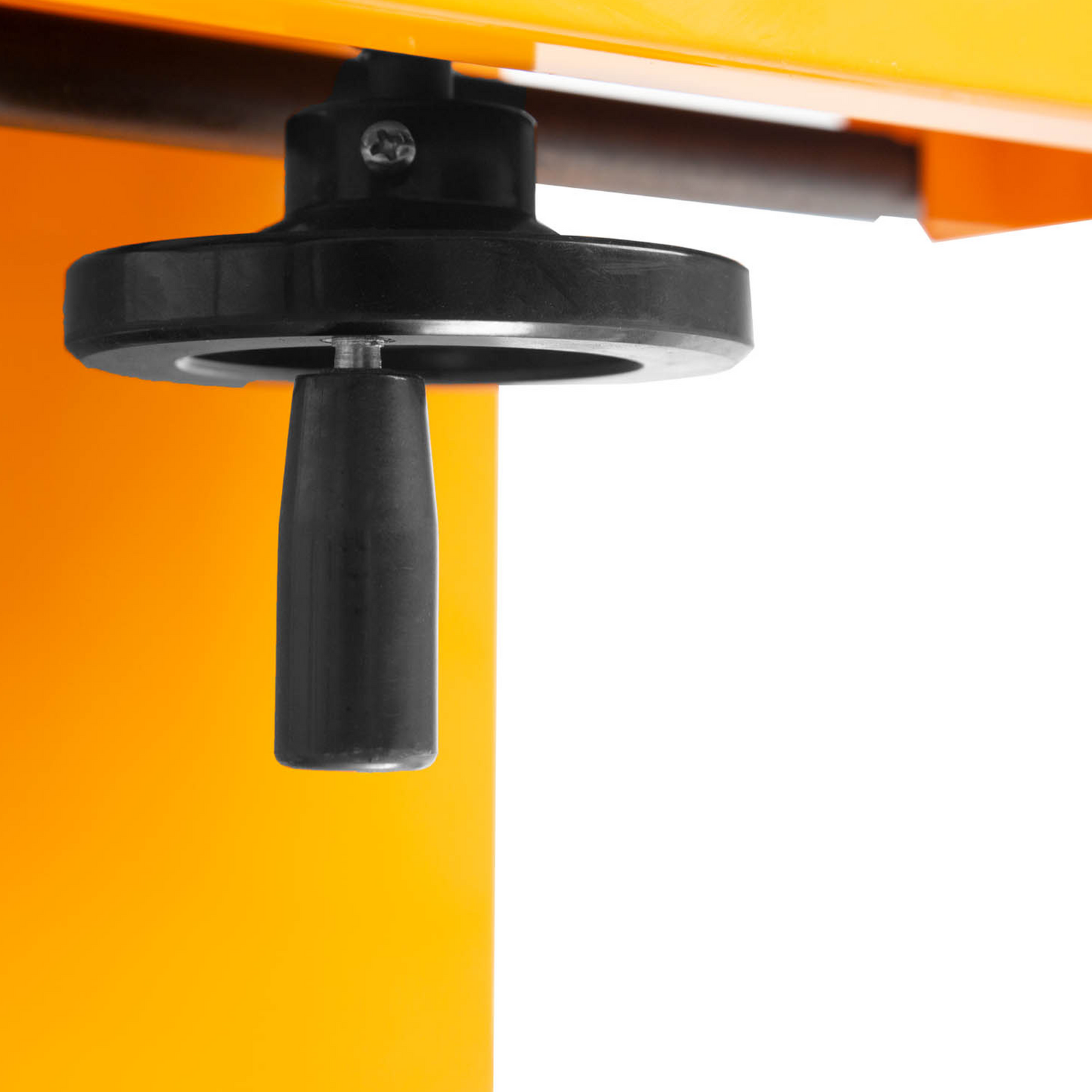 close up of black handle used to adjust the height to a specific product on yellow continuous JORES TECHNOLOGIES® band sealer