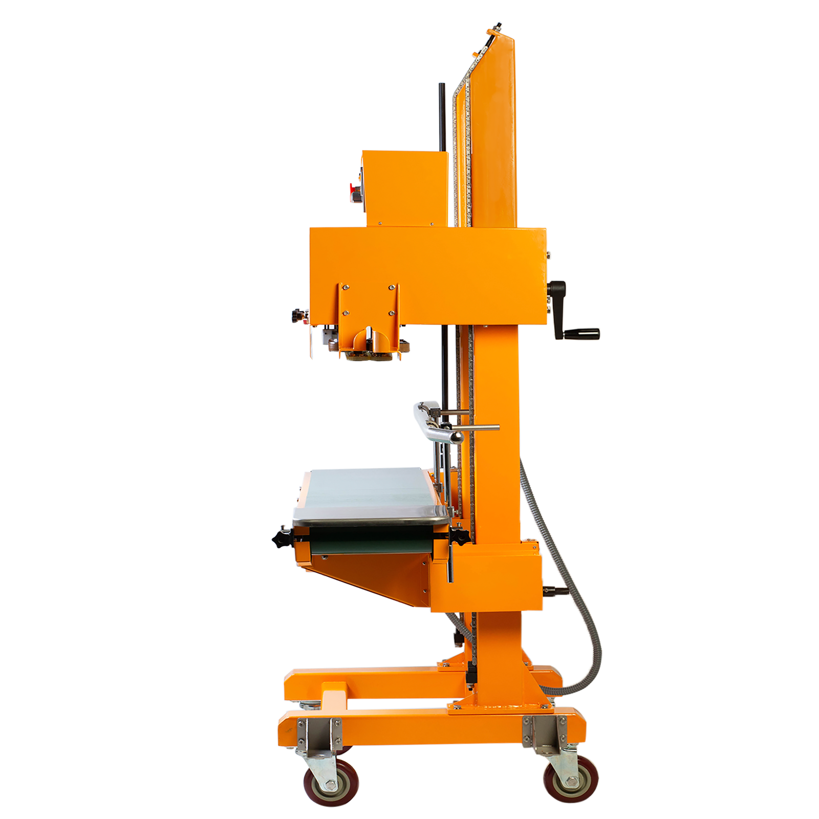 Side view of the yellow JORESTECH continuous band sealer with green revolving band and heavy duty wheels