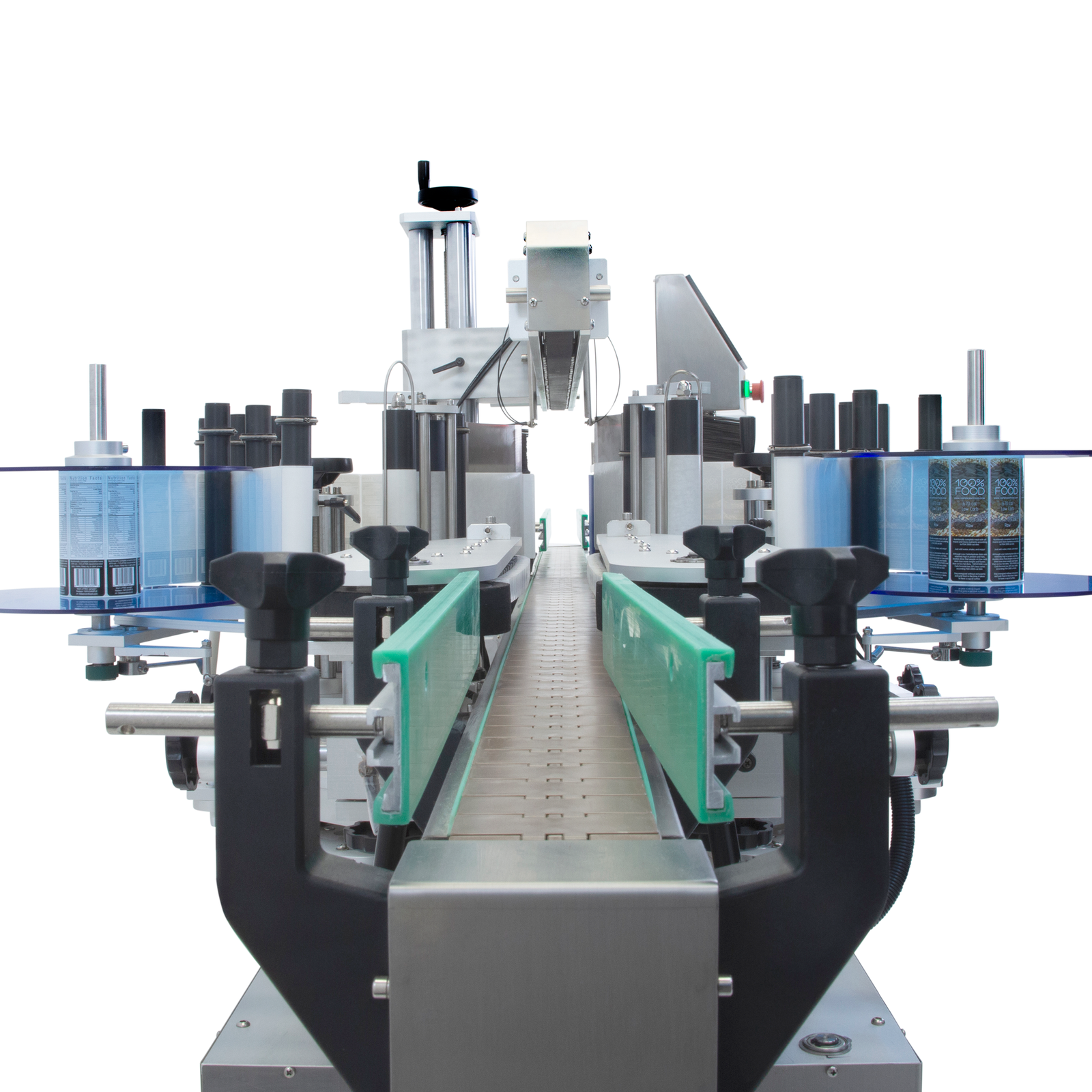Flat chain conveyor on the dual automatic label applicator for round and flat containers by JORES TECHNOLOGIES®