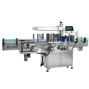 Front view of the JORESTECH stainless steel dual automatic label applicator for round and flat containers