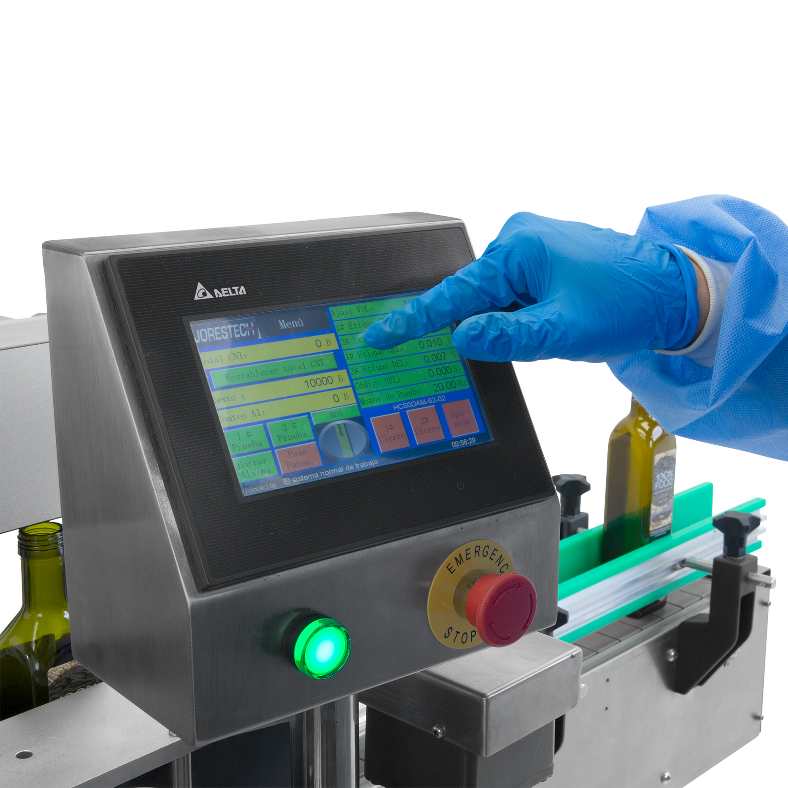operator wearing blue disposable nitrile gloves using the digital control panel on the JORES TECHNOLOGIES® dual automatic label applicator