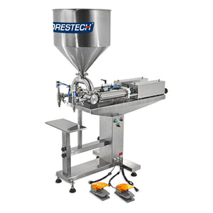 The Jorestech stainless steel dual head high viscosity piston filler shown in a diagonal view. The hopper has a high capacity and its dual liquid and paste filling system