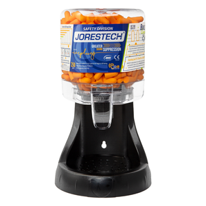 Front view shows a JORESTECH® earplug dispenser station with 250 pairs of orange foam ANSI compliant ear plugs