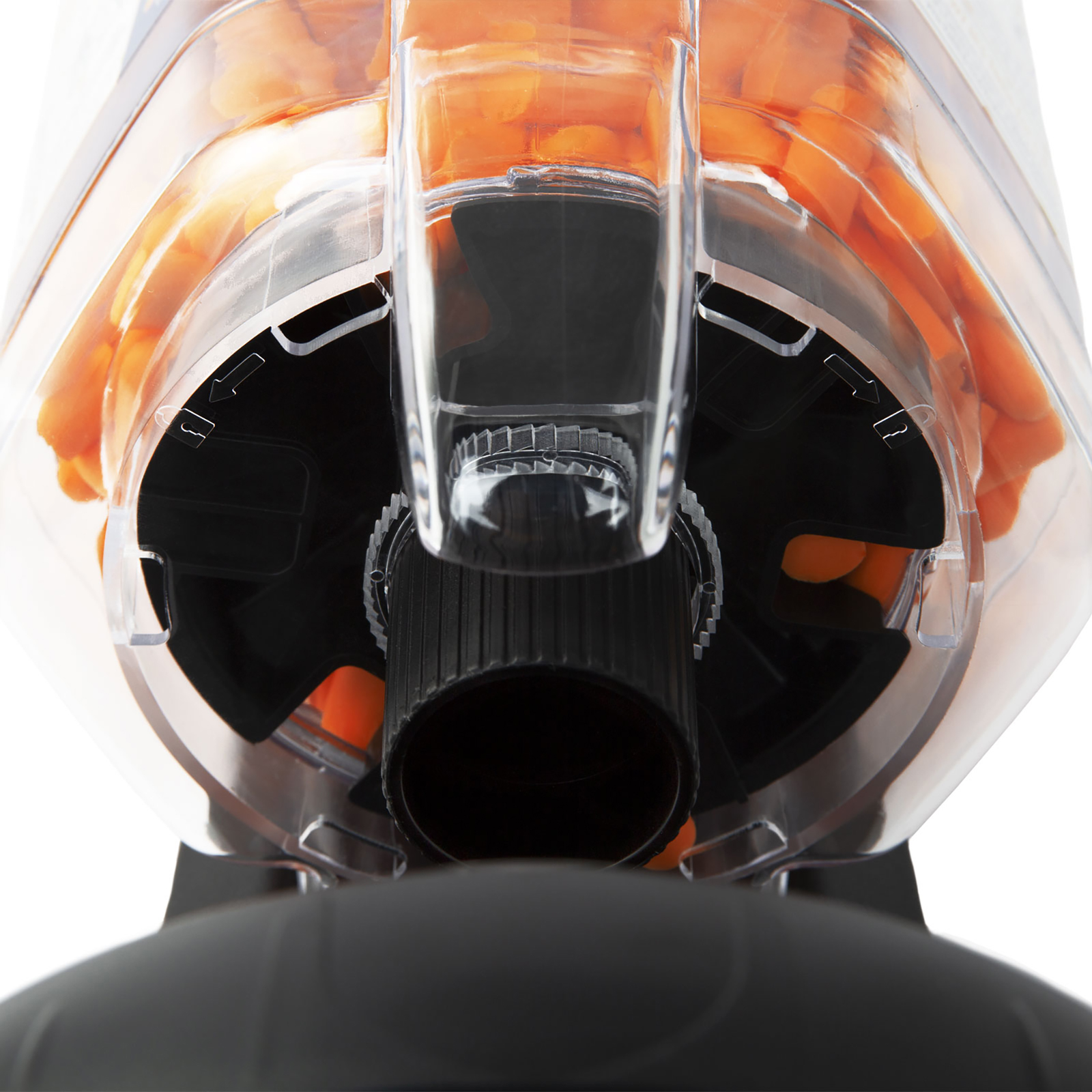 Close up of the black rotary mechanism of the table top ear plugs dispenser for 500 pairs of ear plugs