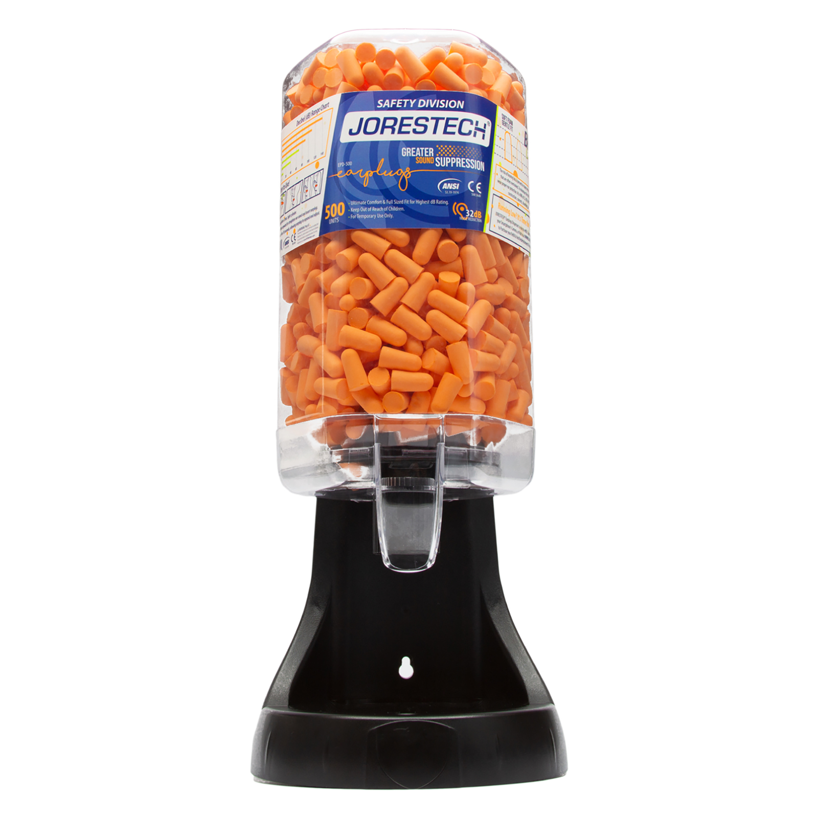 Front view shows a JORESTECH® wall mount earplug dispenser station with 500 pairs of orange foam ANSI compliant ear plugs