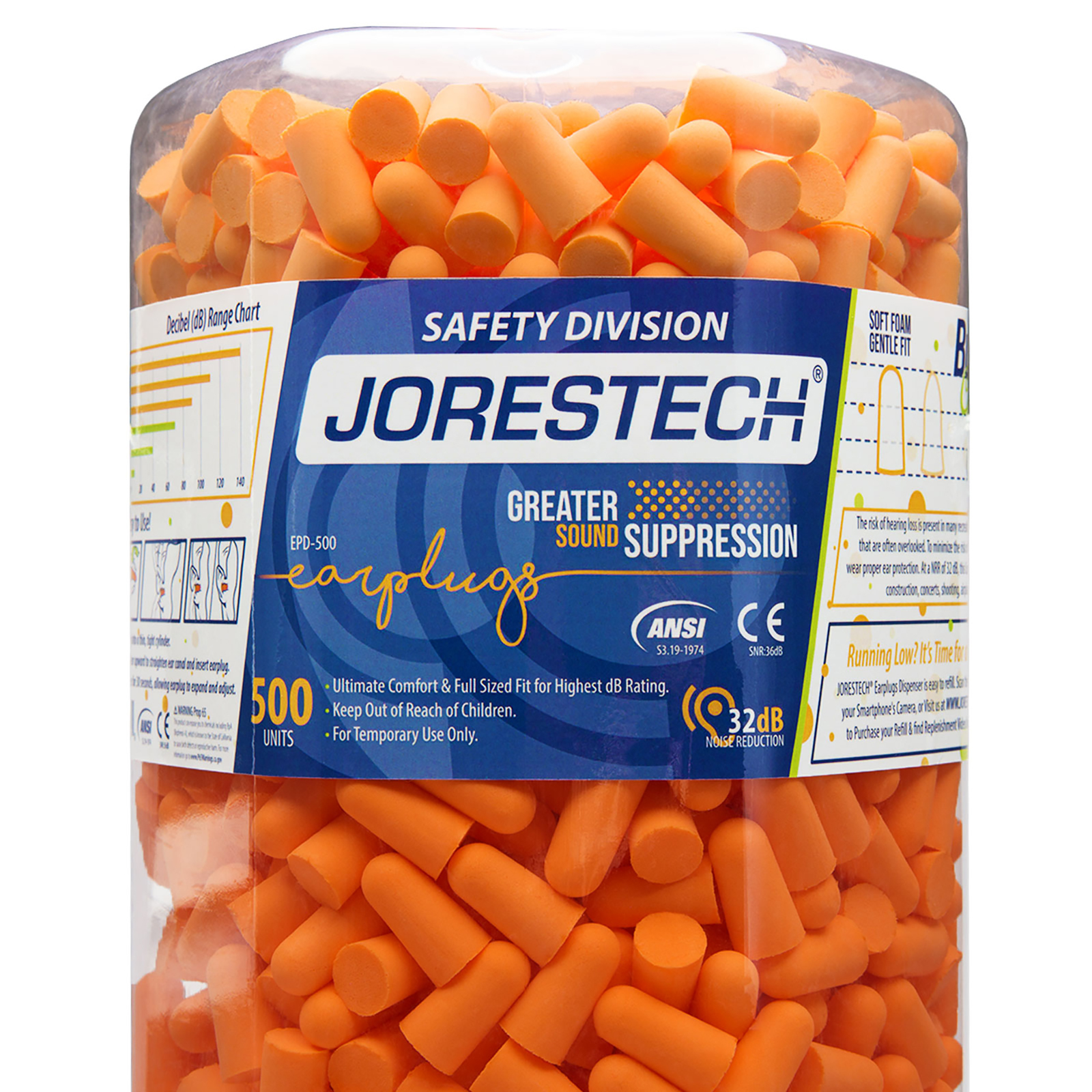 Close up view shows a JORESTECH® earplug clear dispenser station with 500 orange ultra foam ear plugs inside. Text on the sticker of the product reads: Greater sound suppression. ANSI, CE, 32DB Noise Reduction EPD-500