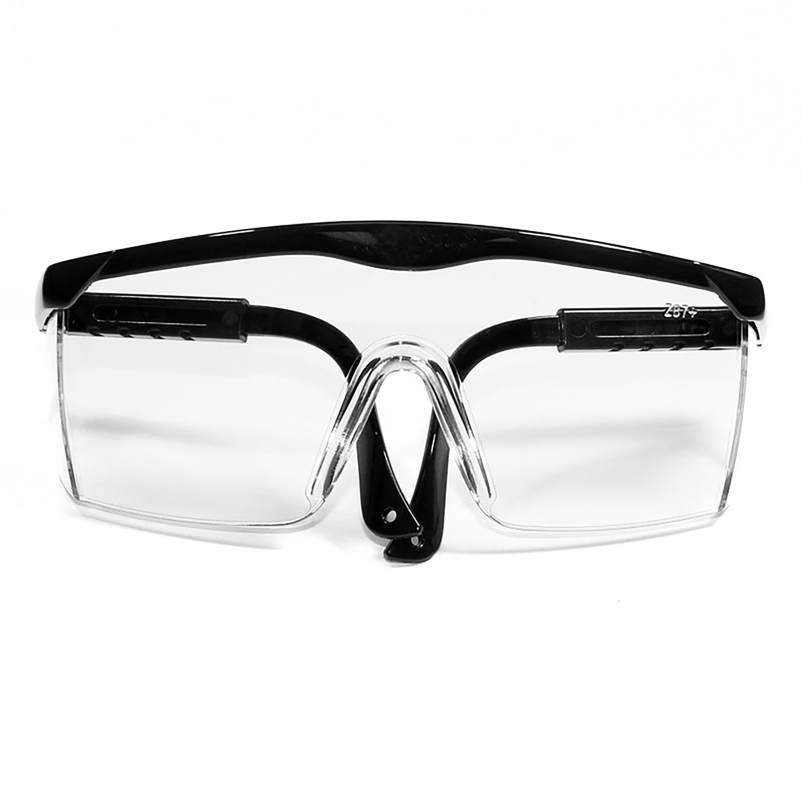 frontal view of the black framed rectangular Z87+ ANSI compliant safety clear glasses with side shields for high impact protection with adjustable temple legs