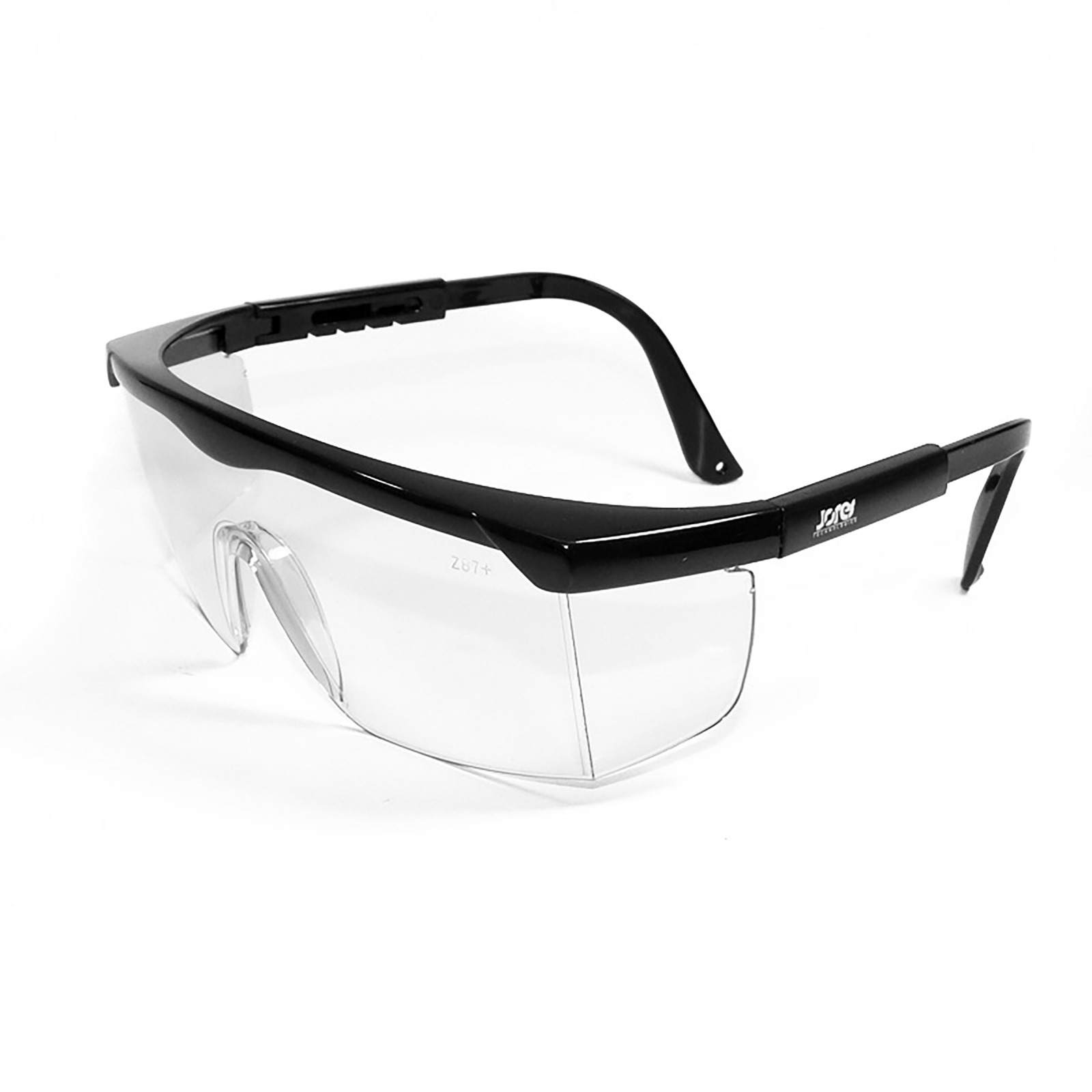 diagonal view of the black framed rectangular safety clear glasses with side shields for high impact protection with adjustable temple legs