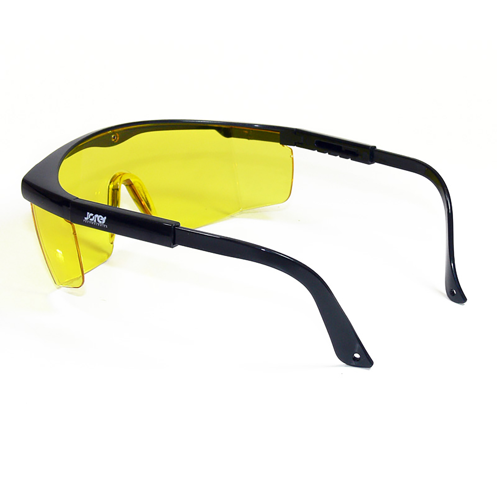 back view of the black framed rectangular safety yellow glasses with side shields for high impact protection with adjustable temple legs