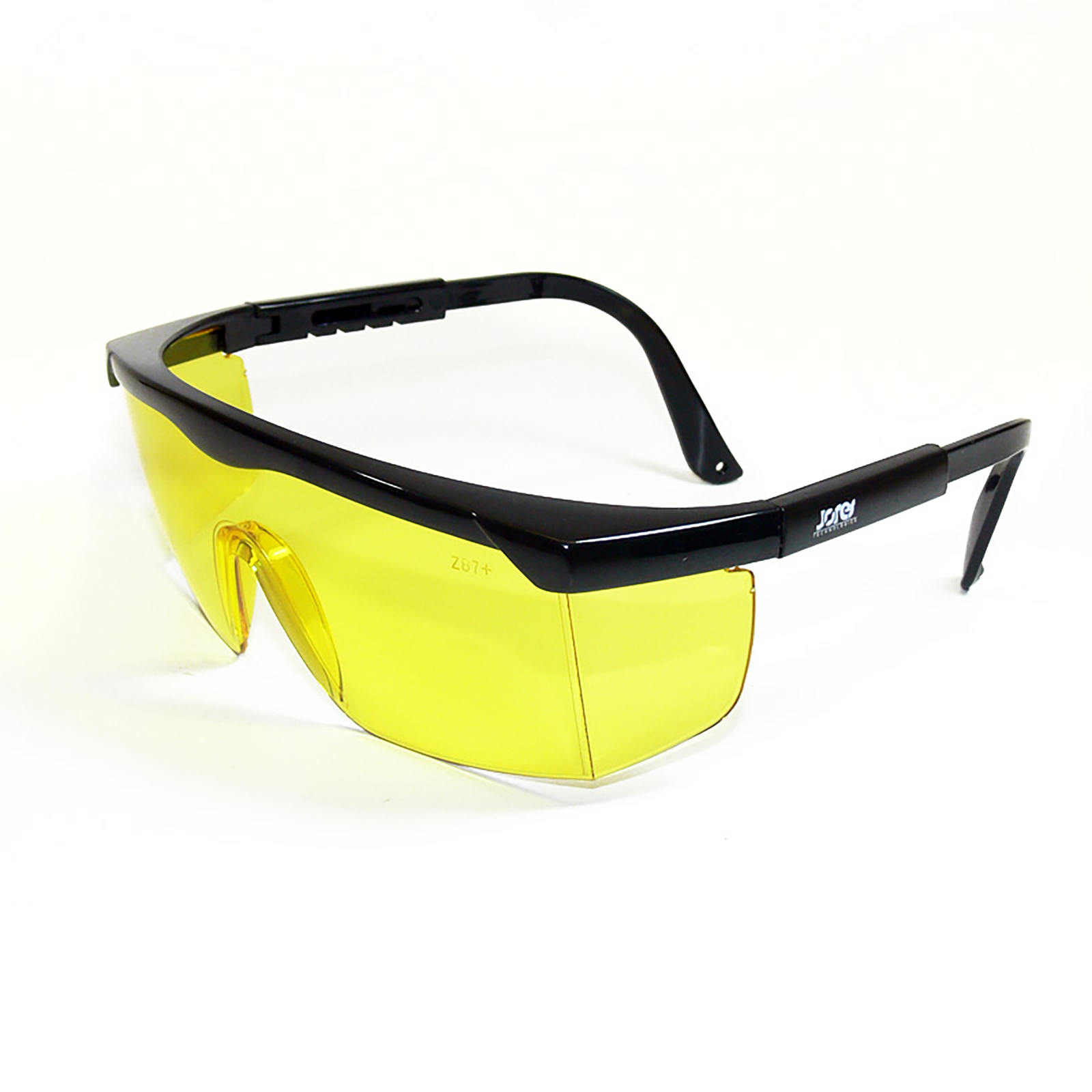 diagonal view of the black framed rectangular safety yellow glasses with side shields for high impact protection with adjustable temple legs
