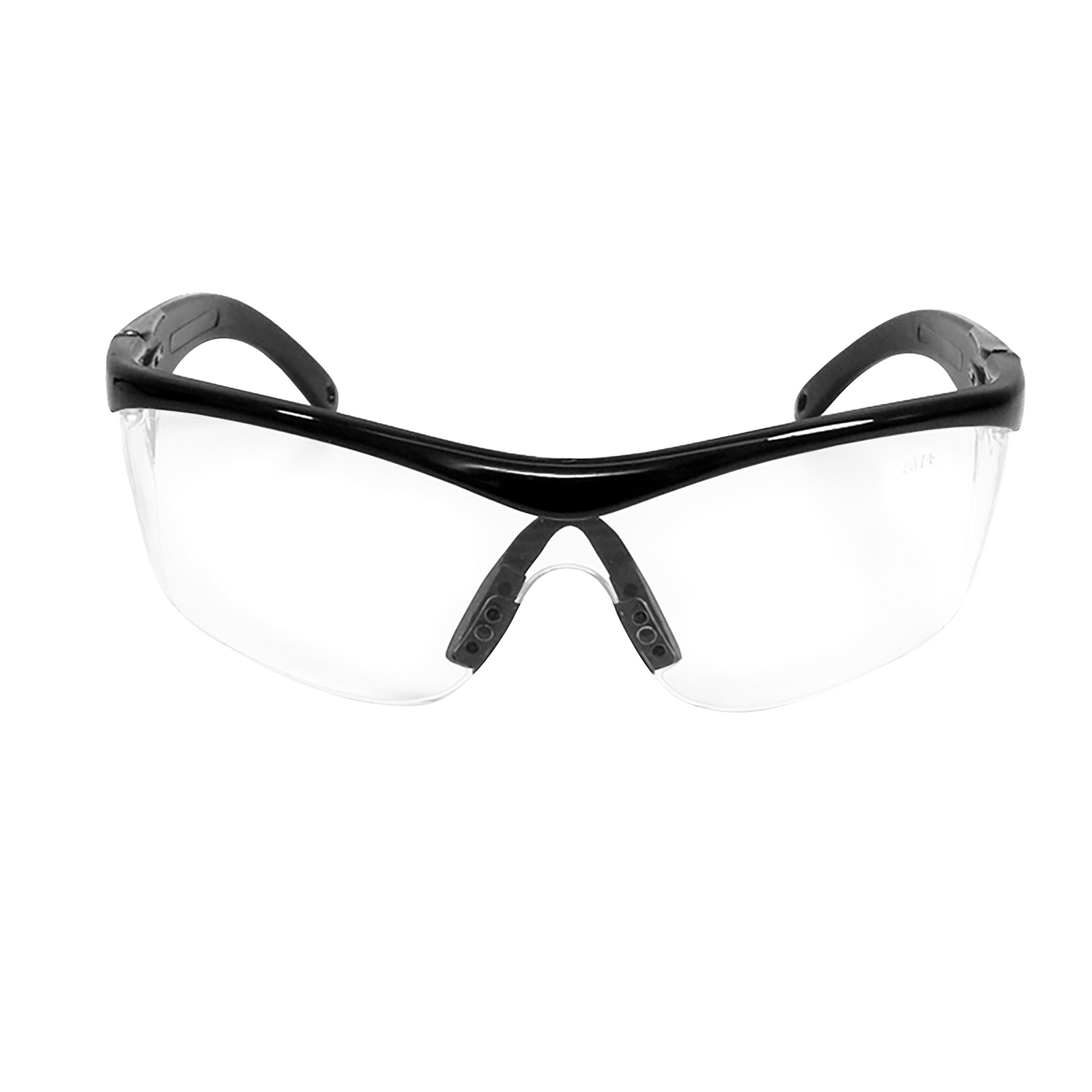 front view of a modern design framed JORESTECH safety clear glasses with side shields for high impact protection