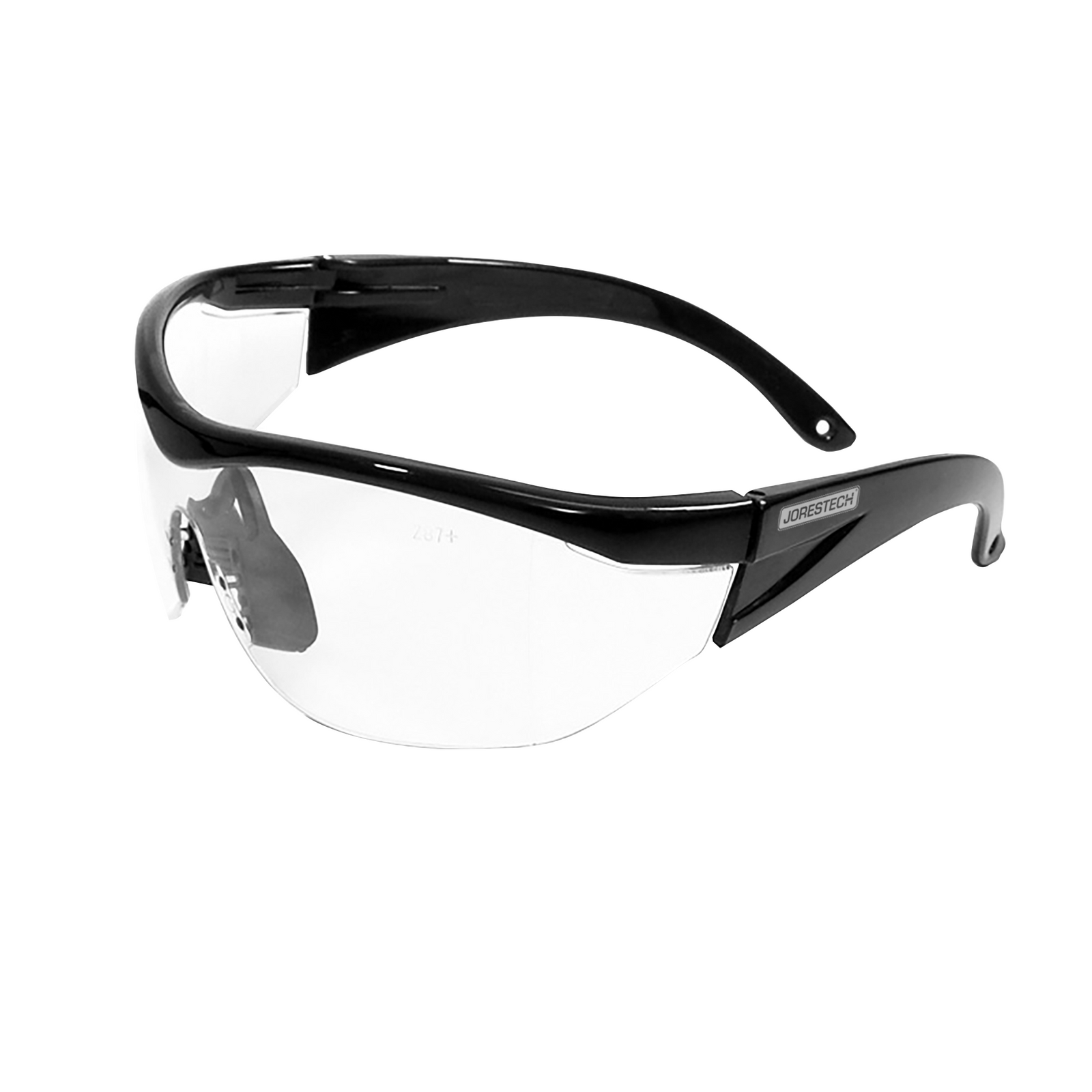 Diagonal view of a modern design framed JORESTECH safety clear glasses with side shields for high impact protection. There is a embedder mark of the polycarbonate glass that reads Z87+ which is the ANSI standard