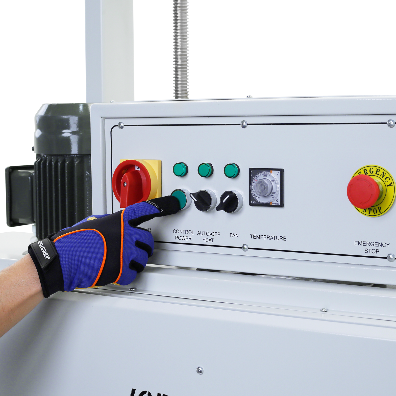 Closeup of the control panel of the JORESTECH sleeve wrapping heat shrink tunnel for large bottles