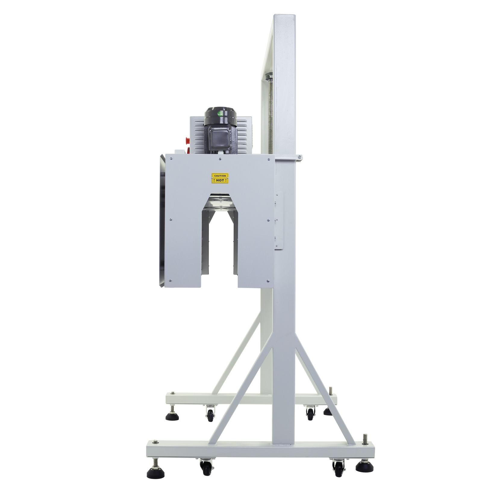 The JORESTECH sleeve wrapping heat tunnel machine shown from the side where the large opening of the shrink tunnel for bottles can be appreciated