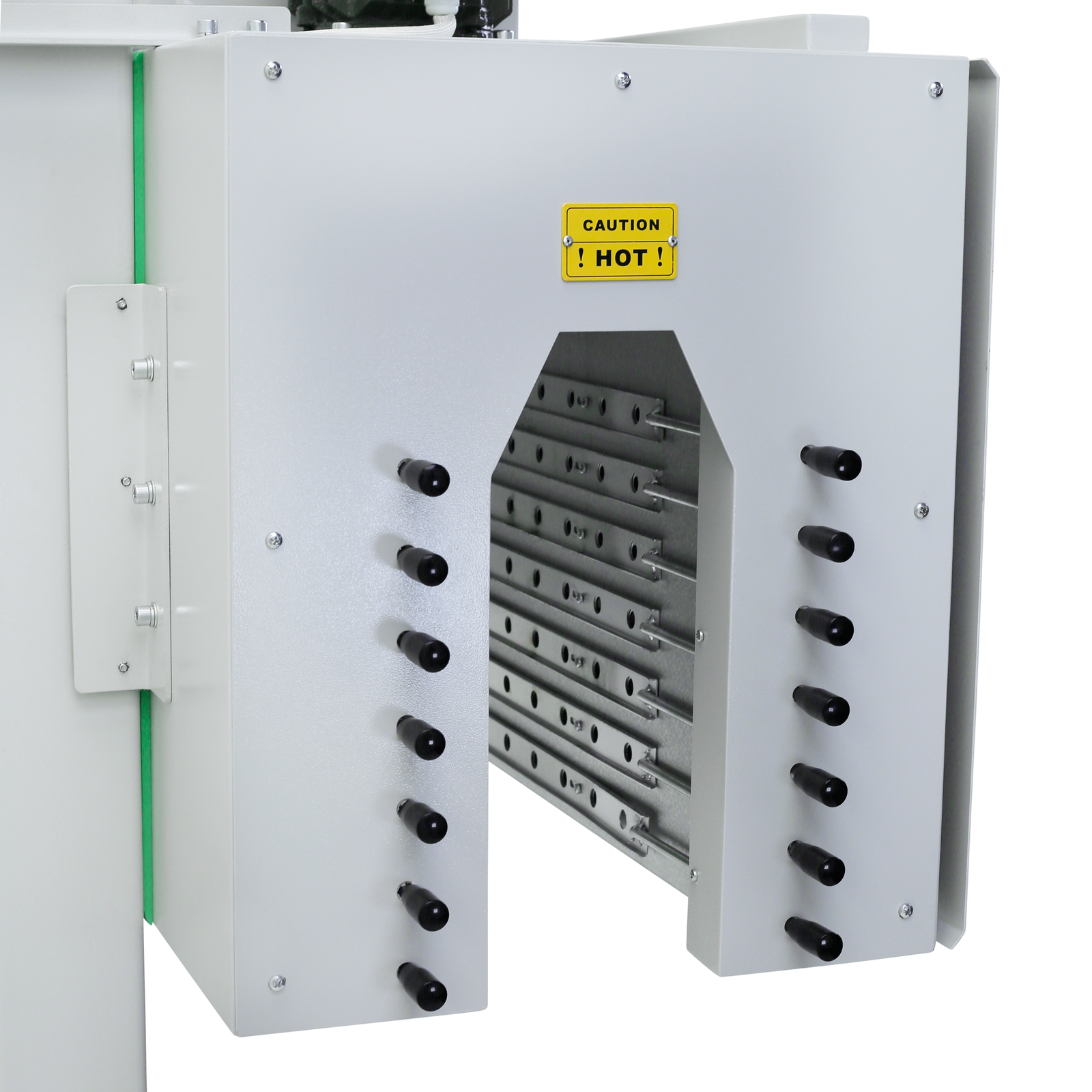 Closeup of the JORESTECH sleeve wrapping tunnel opening where the  adjustable air handling system used to control the airflow inside the tunnel when heat shrinking