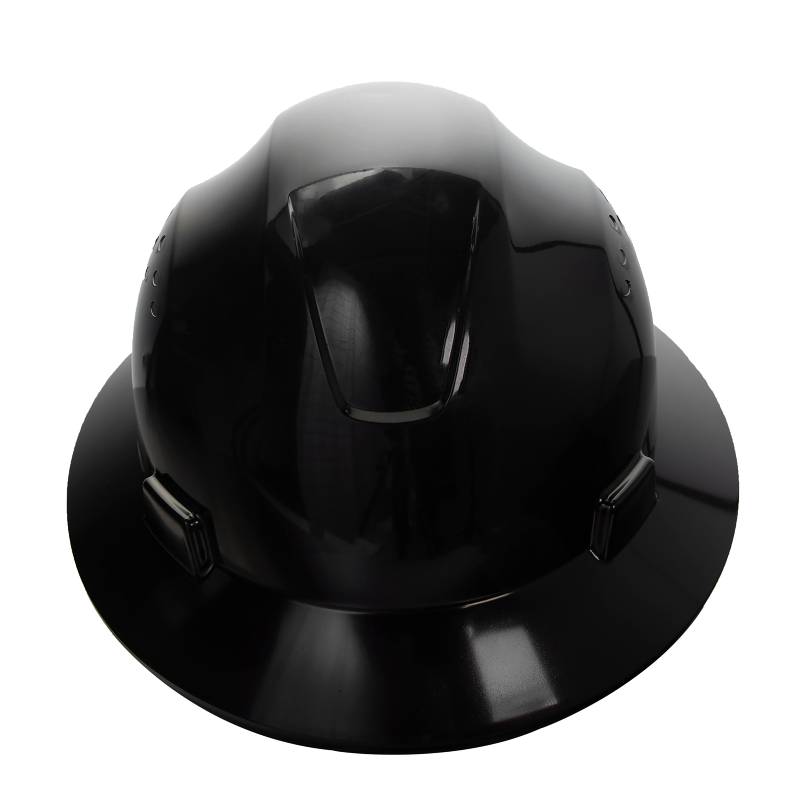 Front view of a JORESTECH full brim black safety hard hat with 4 point suspension