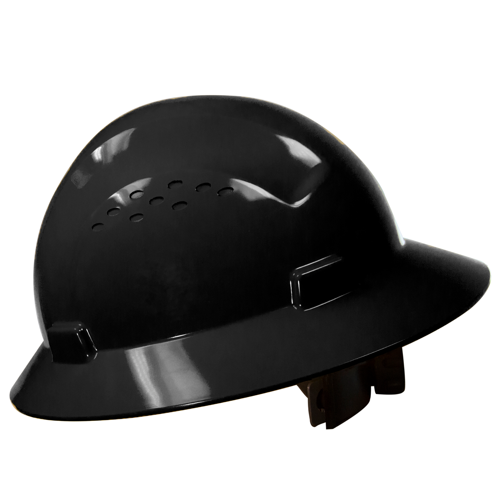A JORESTECH full brim black safety hard hat with 4 point suspension Type I Class C, E, G