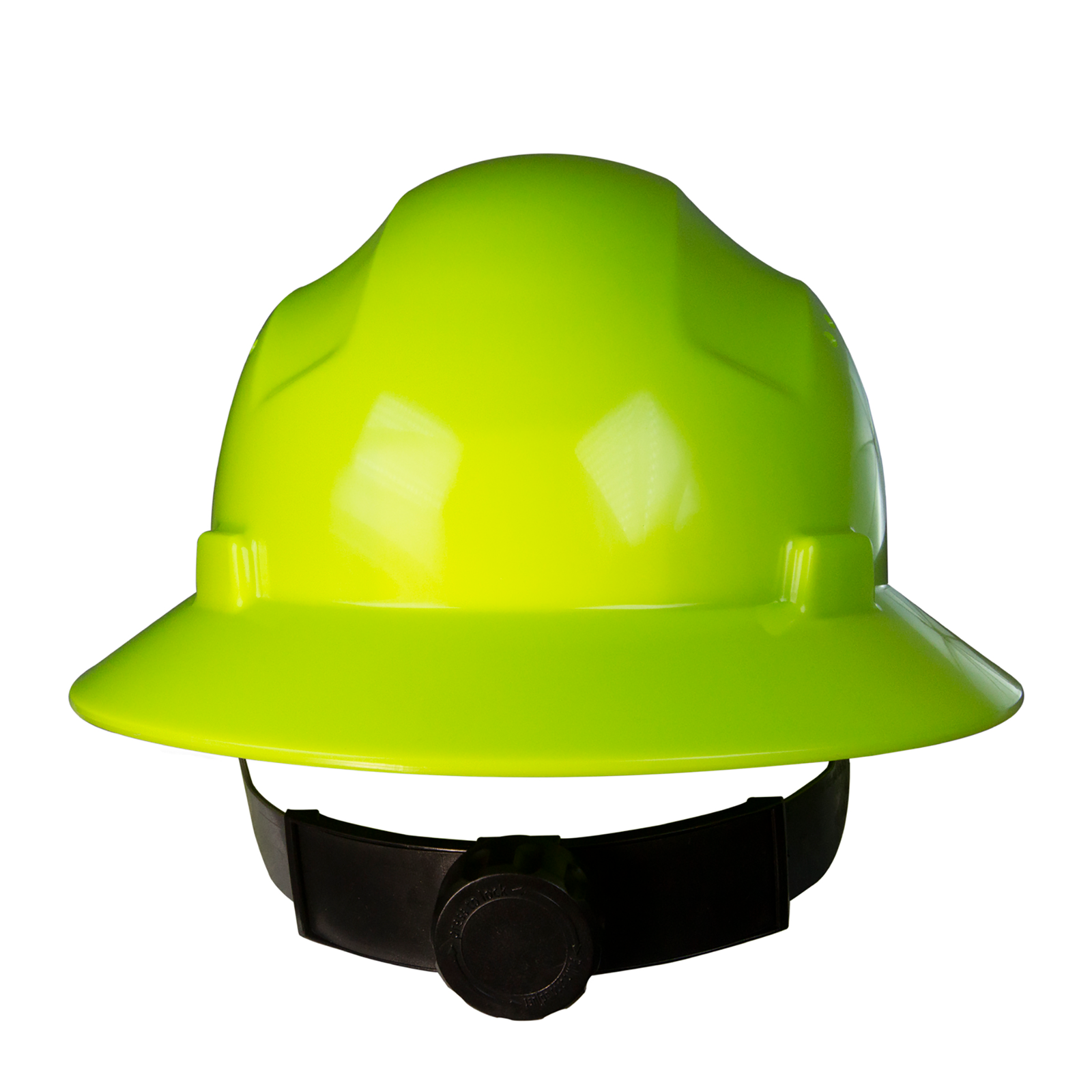 Full brim lime safety hard hat with 4 point suspension and black ratchet