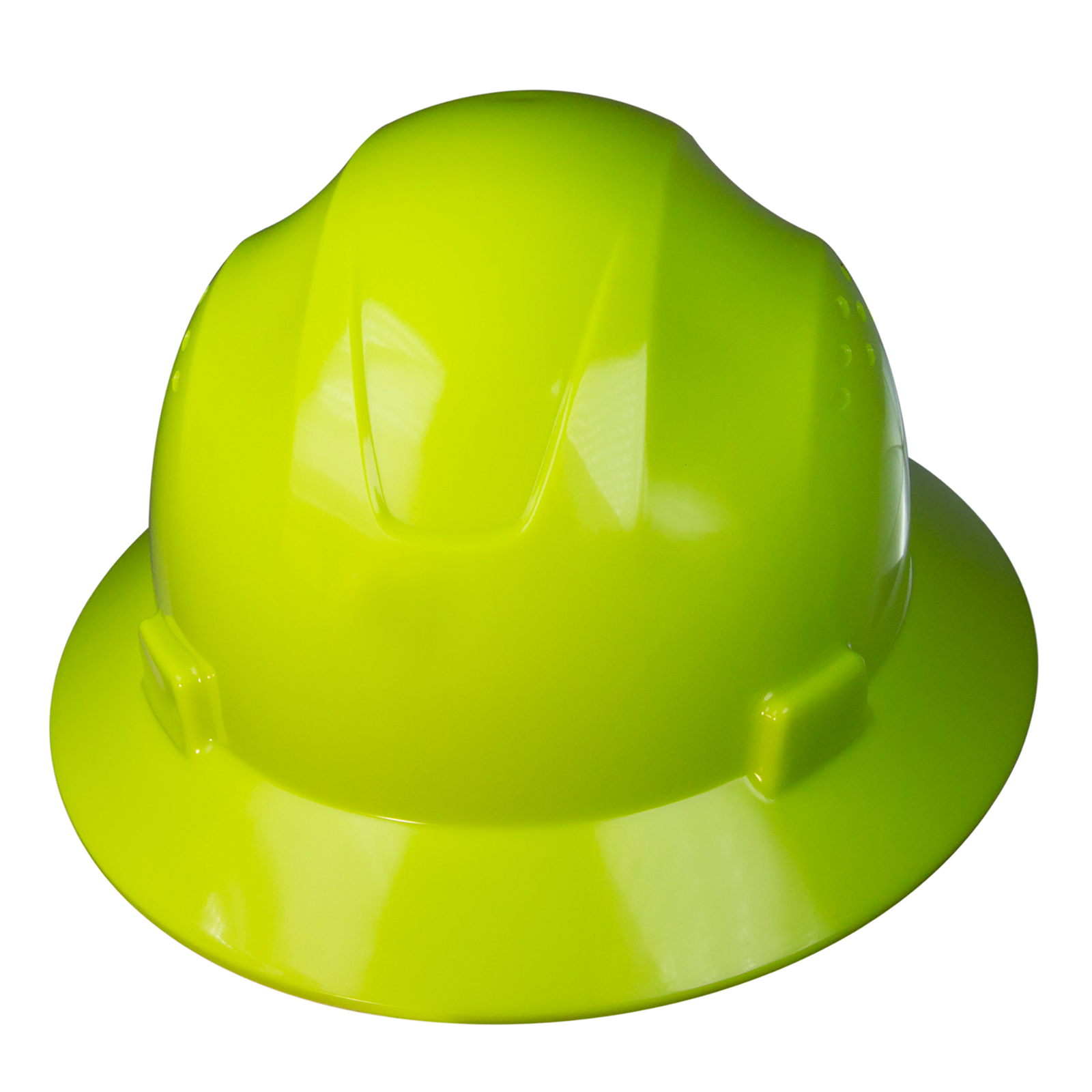 Front view of a JORESTECH full brim lime safety hard hat with 4 point suspension