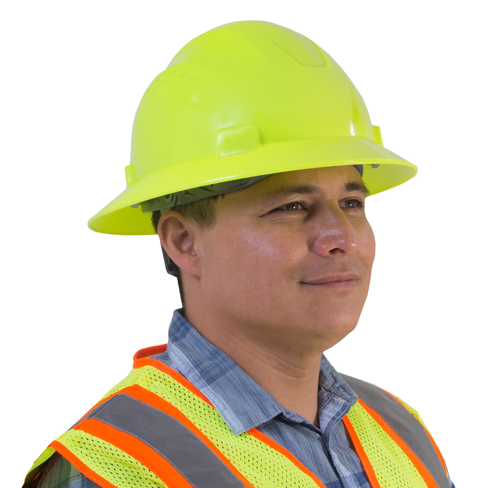 A man wearing a JORESTECH full brim lime hard hat and a hi-vis lime and orange vest over white background