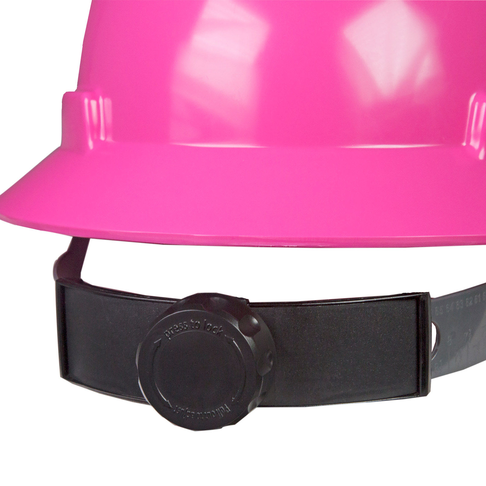 Close-up of the wheel ratchet adjustment on the pink hard hat with 4 point suspension for PPE